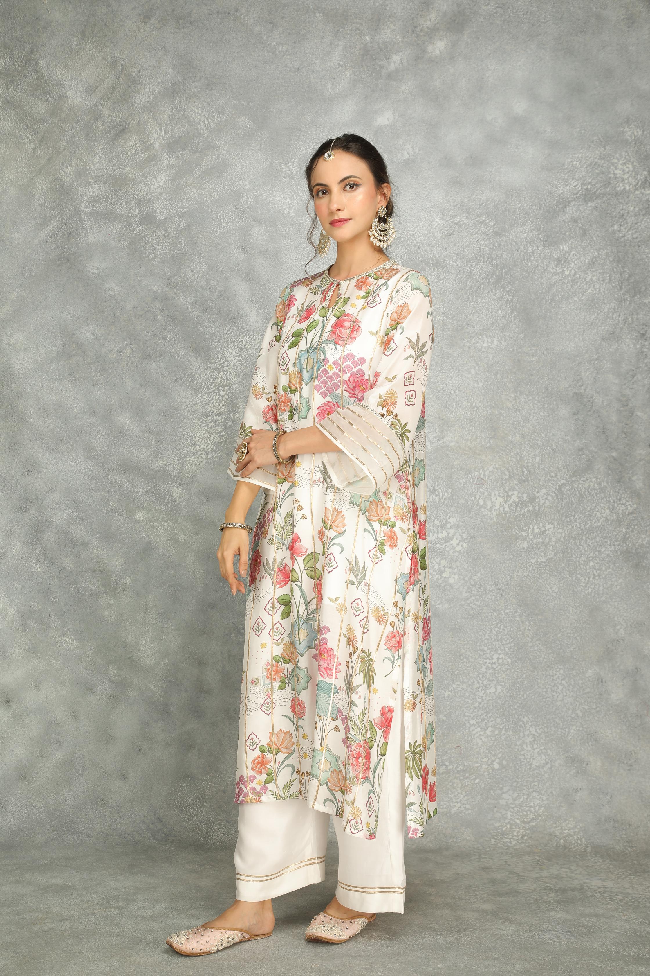 White Printed Kurta with Pants and Dupatta Set of 3