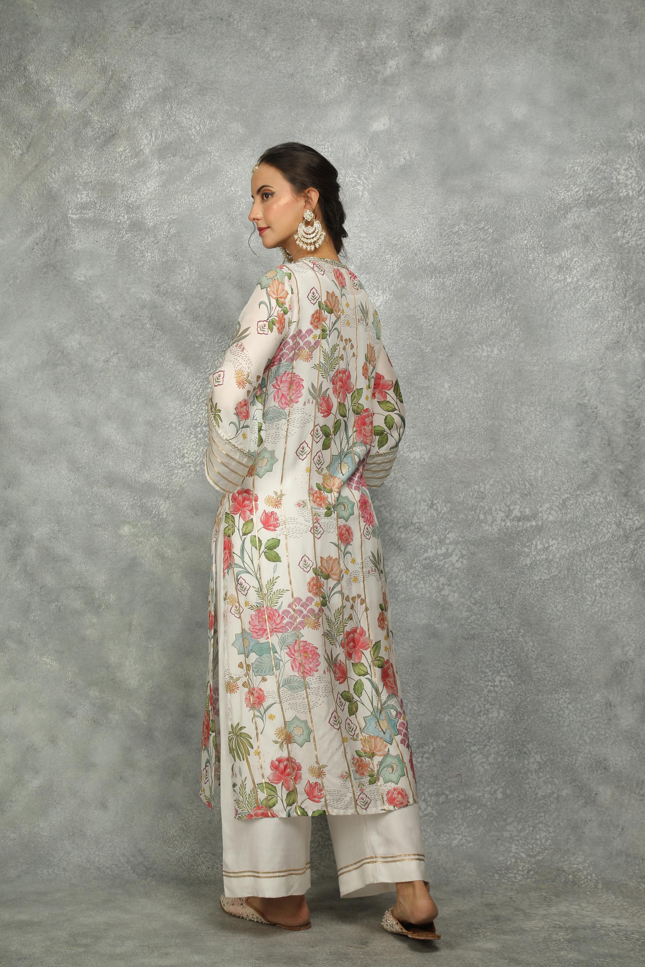 White Printed Kurta with Pants and Dupatta Set of 3