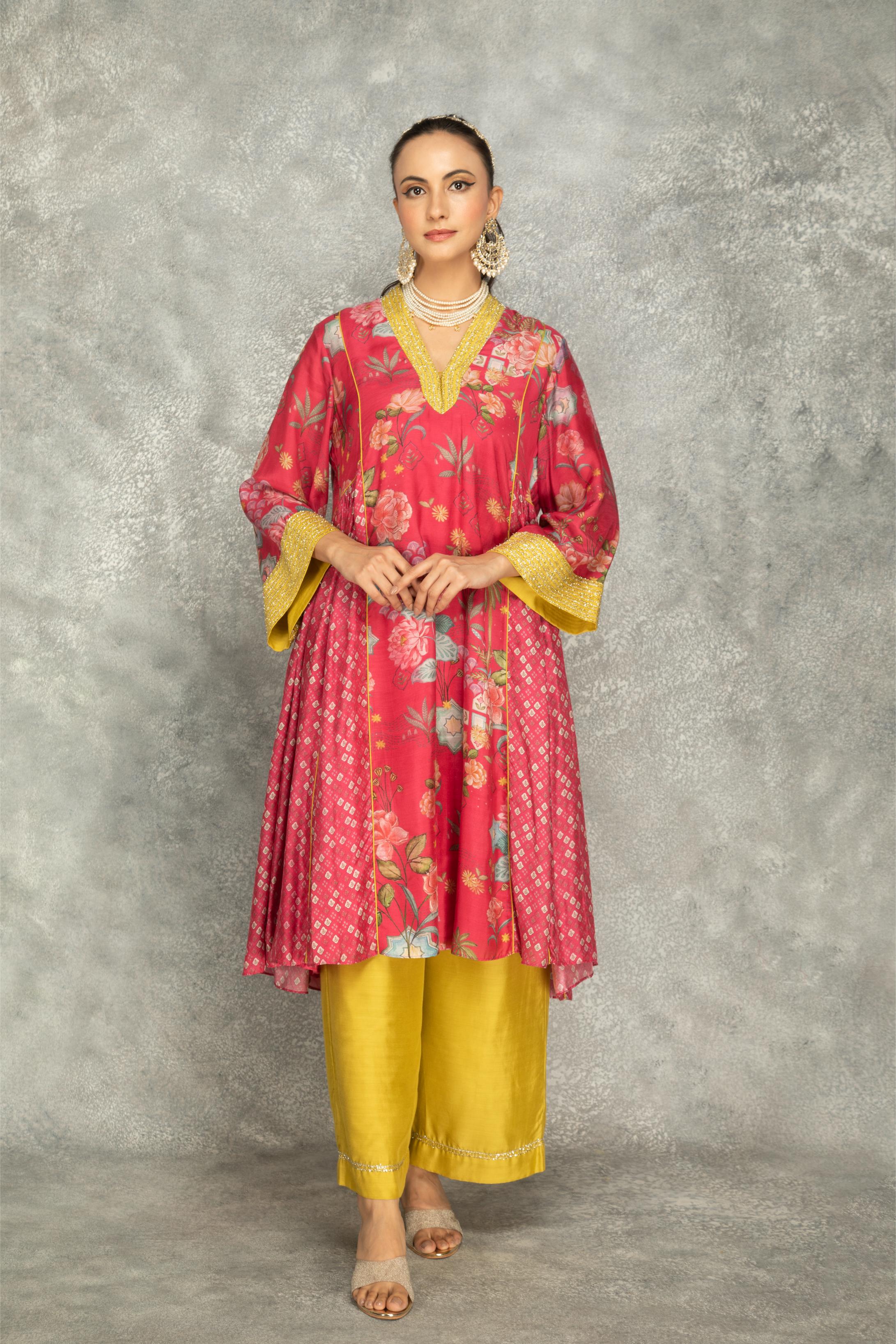 Hot Pink Side Panel Buti Kurta with Scalloping Dupatta