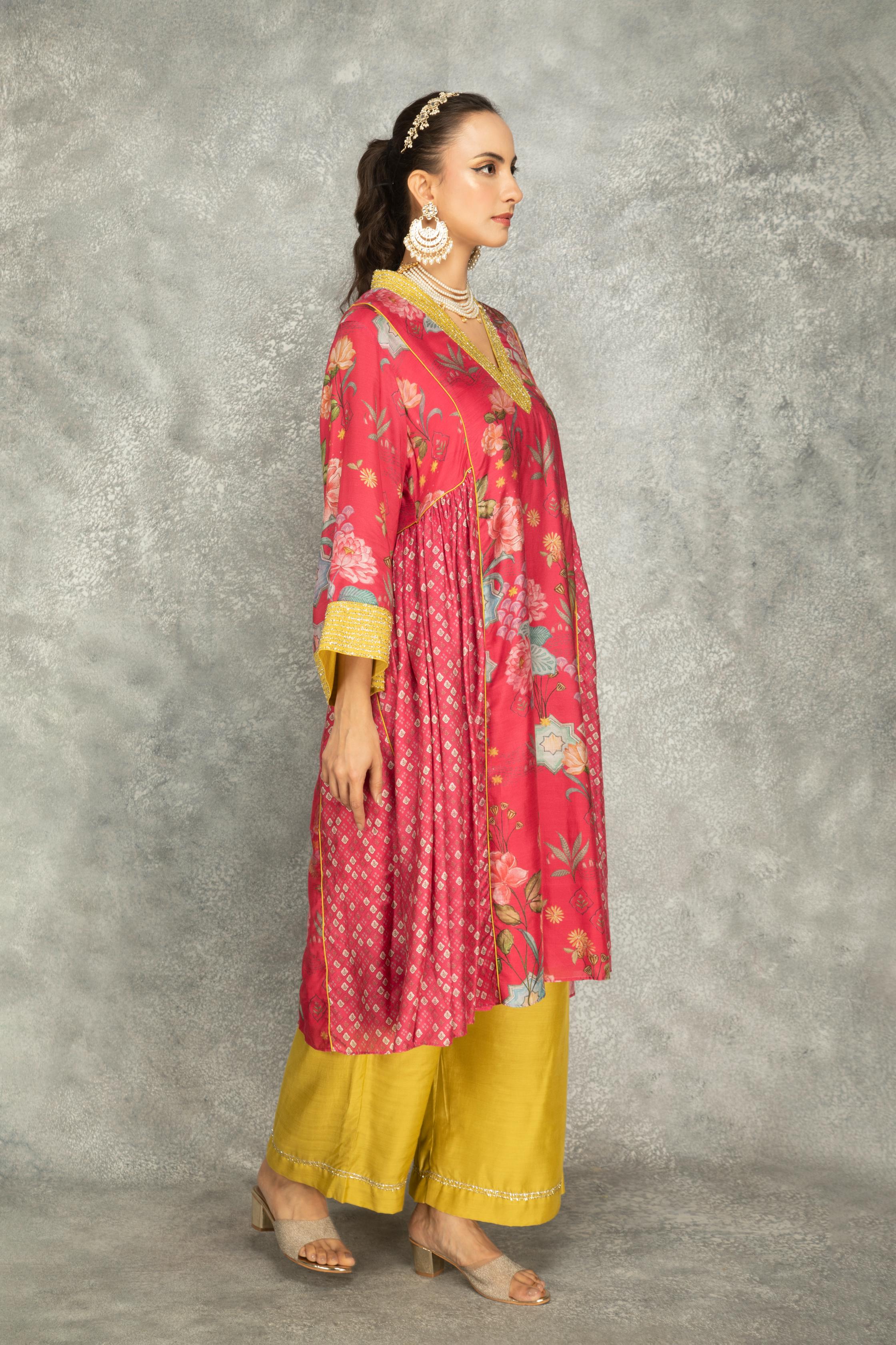 Hot Pink Side Panel Buti Kurta with Scalloping Dupatta