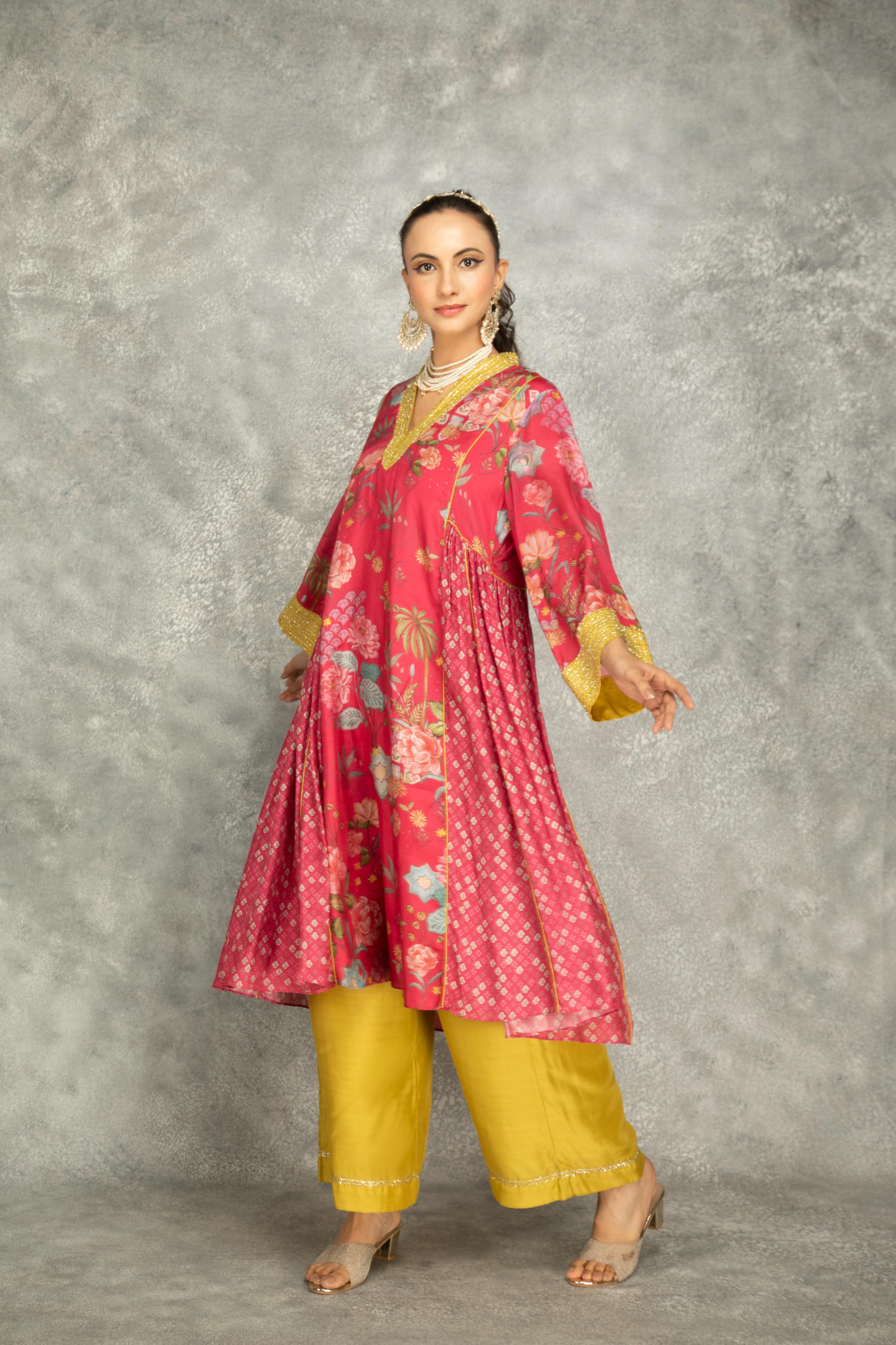 Hot Pink Side Panel Buti Kurta with Scalloping Dupatta