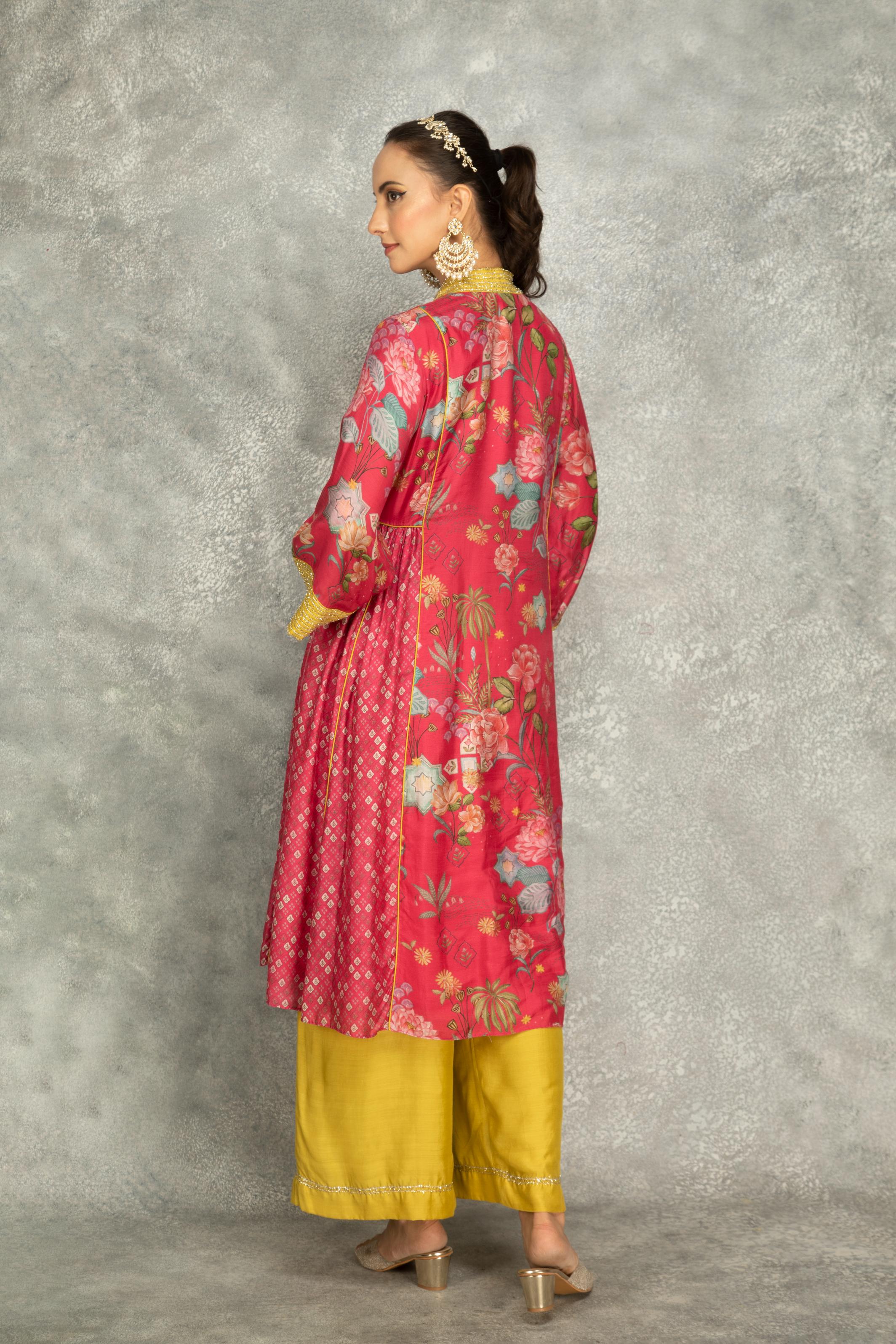 Hot Pink Side Panel Buti Kurta with Scalloping Dupatta