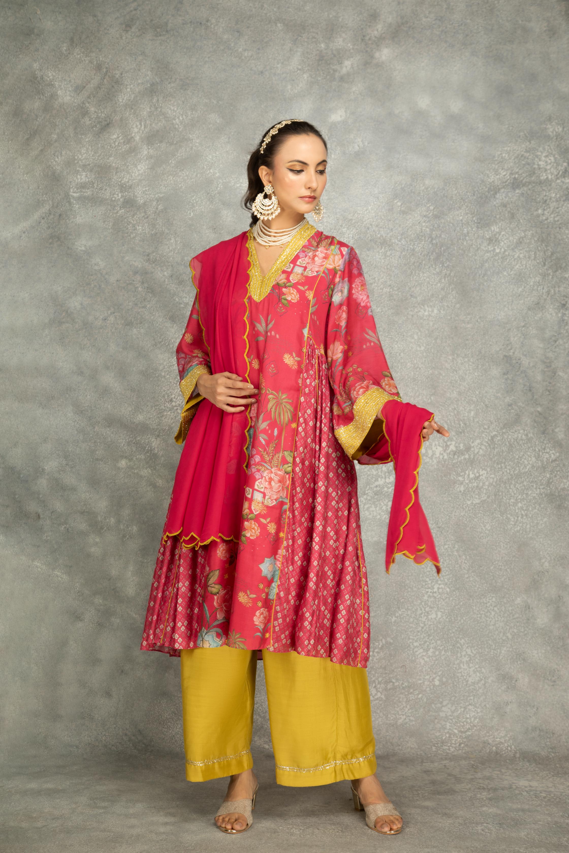 Hot Pink Side Panel Buti Kurta with Scalloping Dupatta