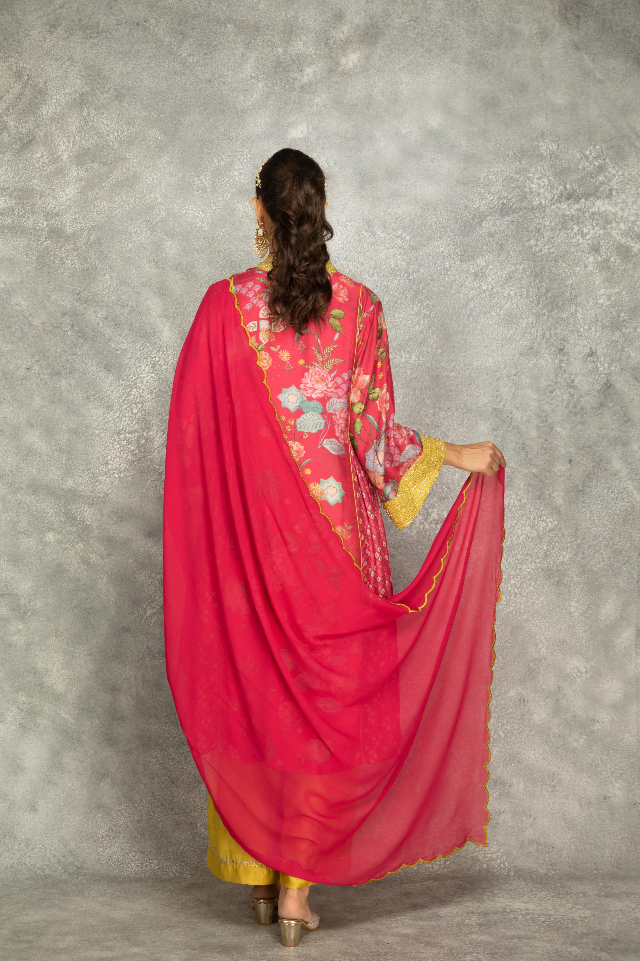 Hot Pink Side Panel Buti Kurta with Scalloping Dupatta