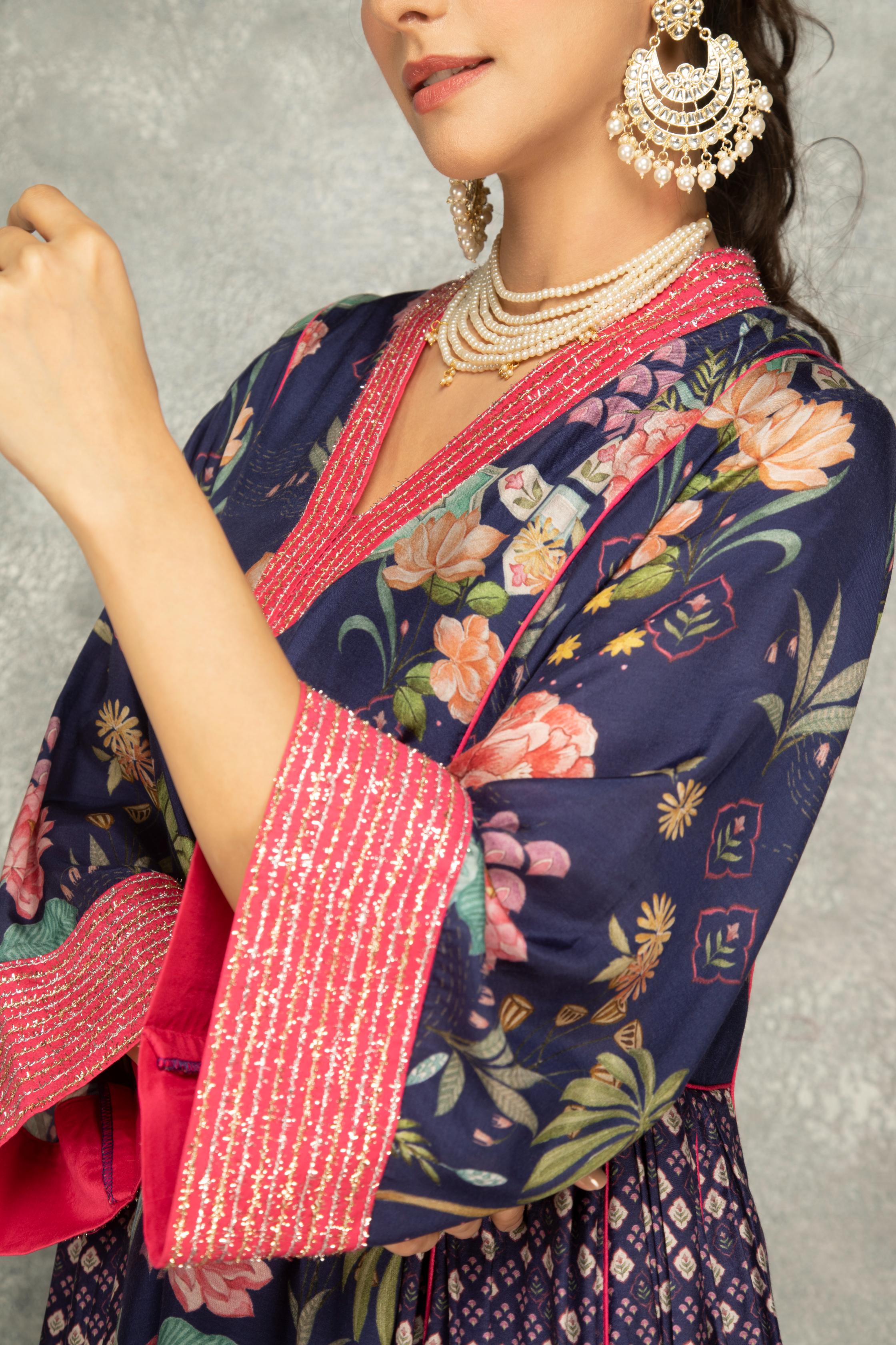 Blue Side Panel Buti Kurta with Scalloping Dupatta