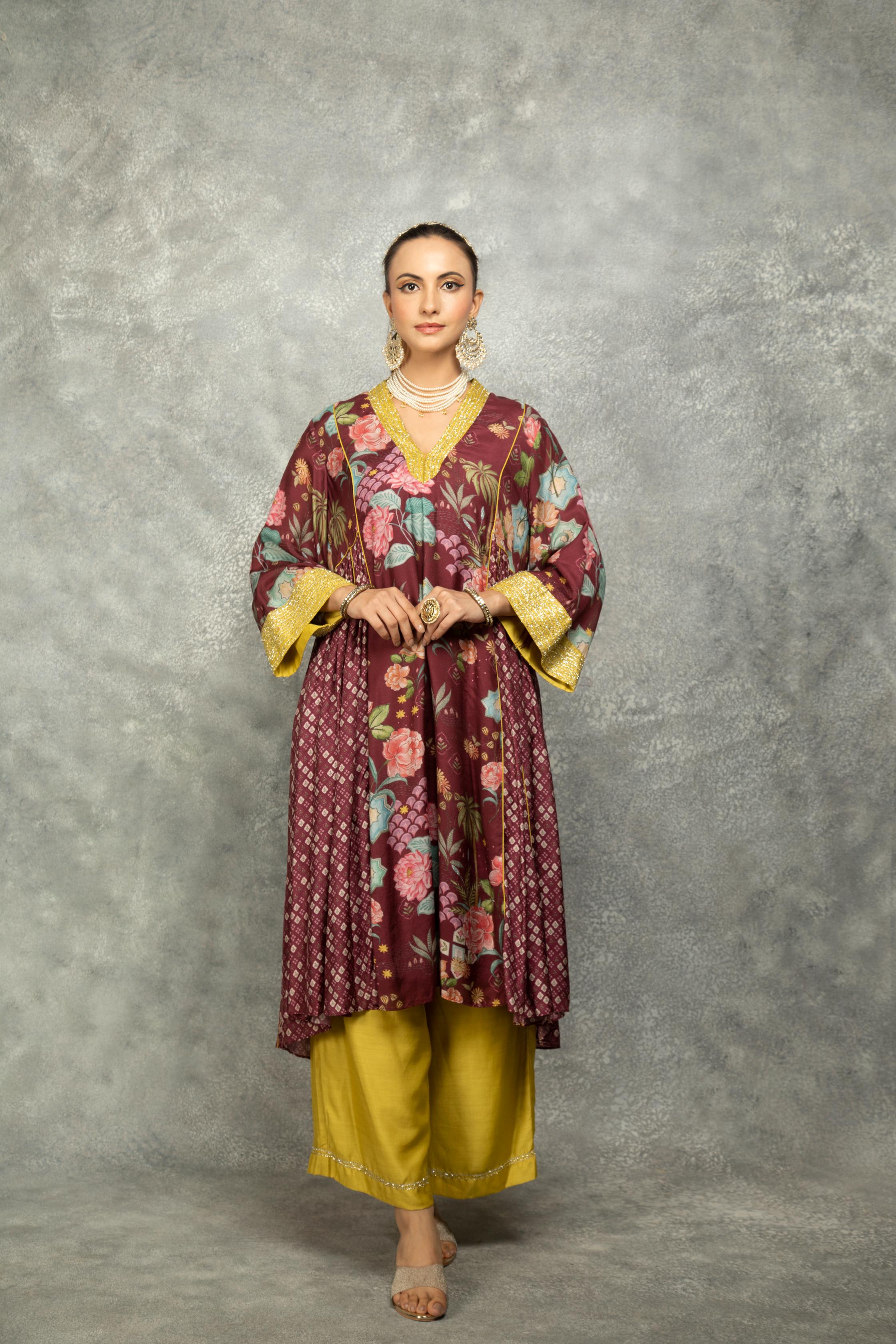 Old Wine Side Panel Buti Kurta with Scalloping Dupatta