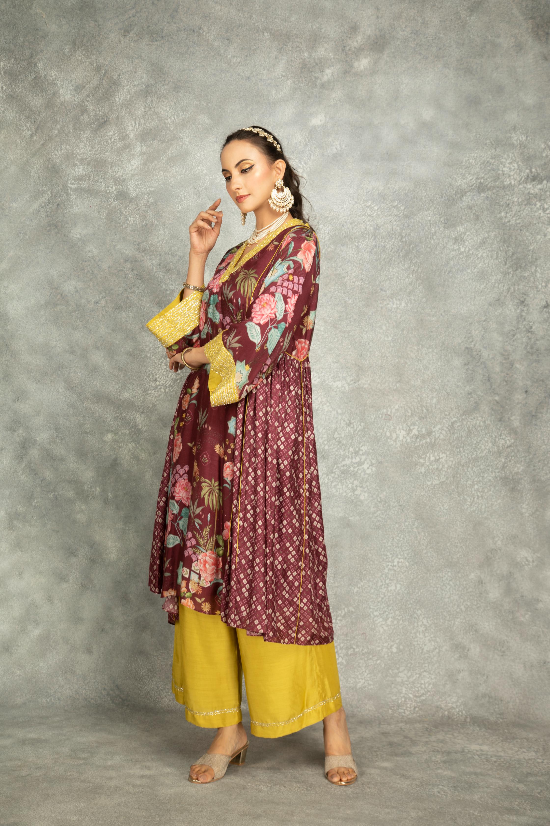 Old Wine Side Panel Buti Kurta with Scalloping Dupatta