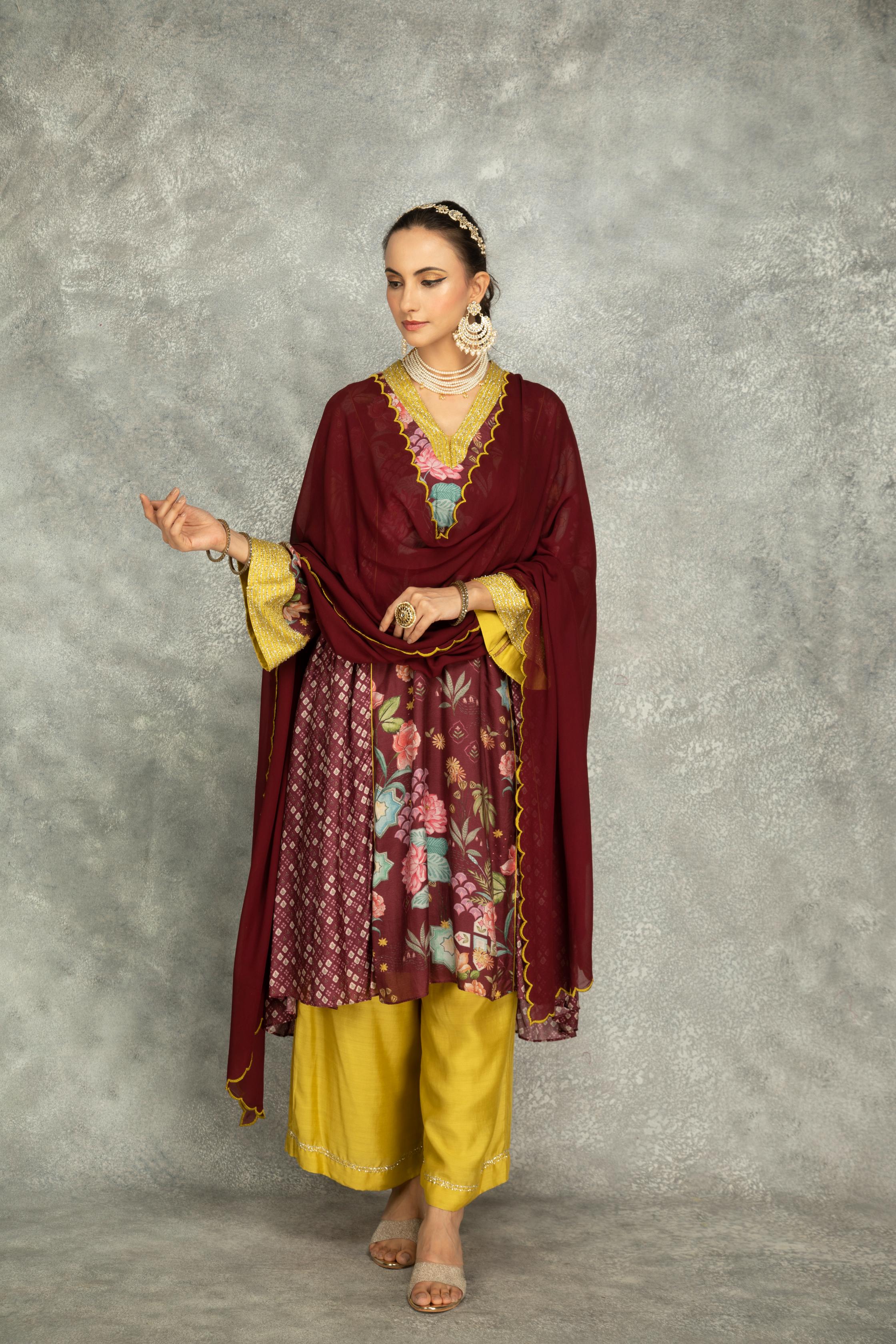 Old Wine Side Panel Buti Kurta with Scalloping Dupatta