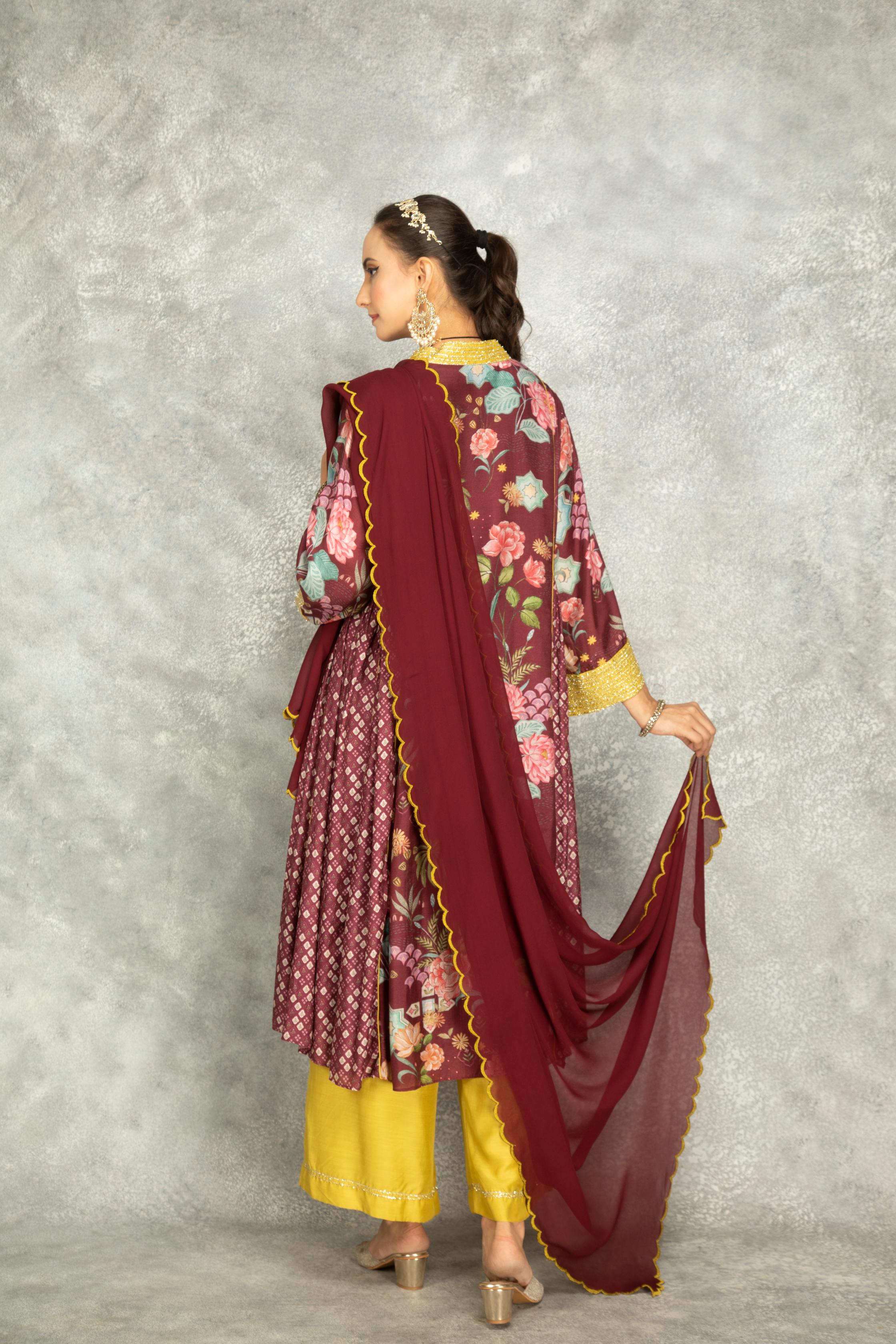 Old Wine Side Panel Buti Kurta with Scalloping Dupatta