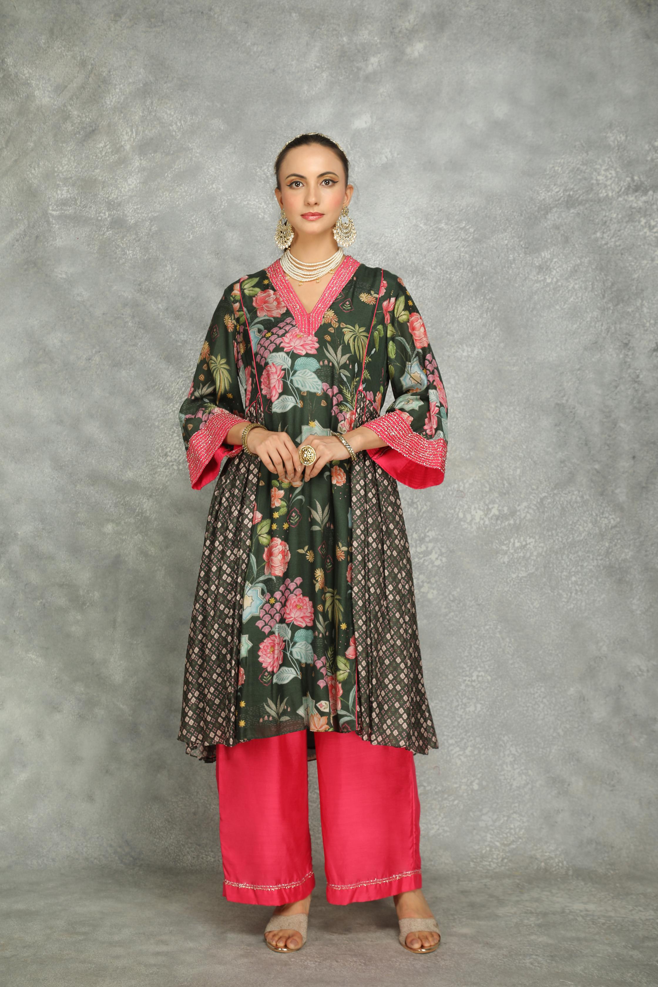 Forest Green Side Panel Buti Kurta with Scalloping Dupatta