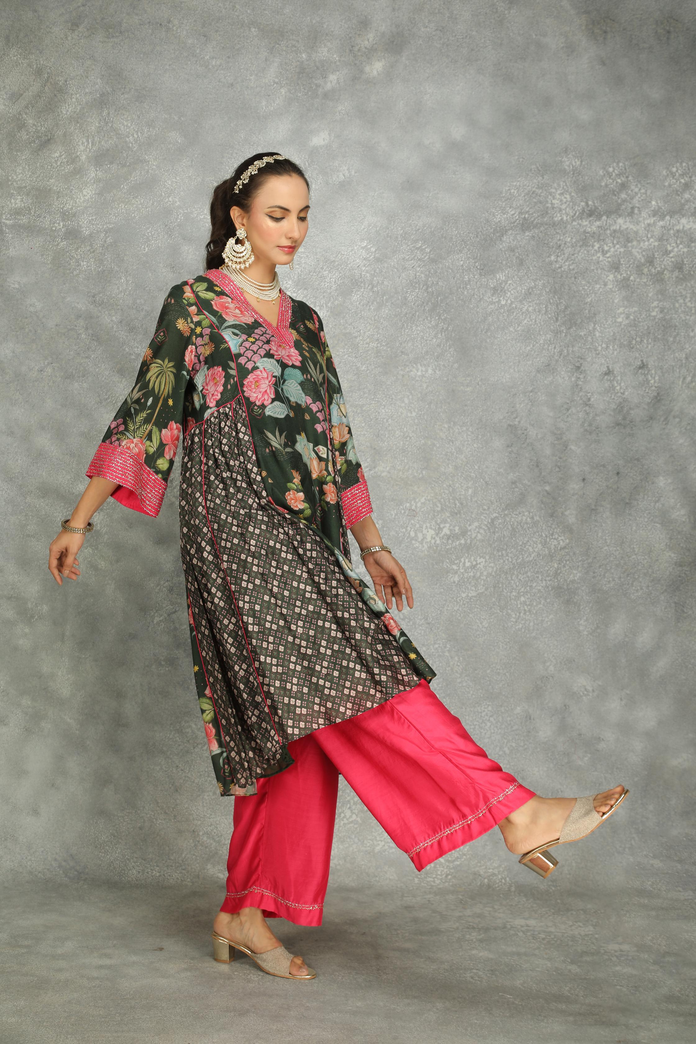 Forest Green Side Panel Buti Kurta with Scalloping Dupatta