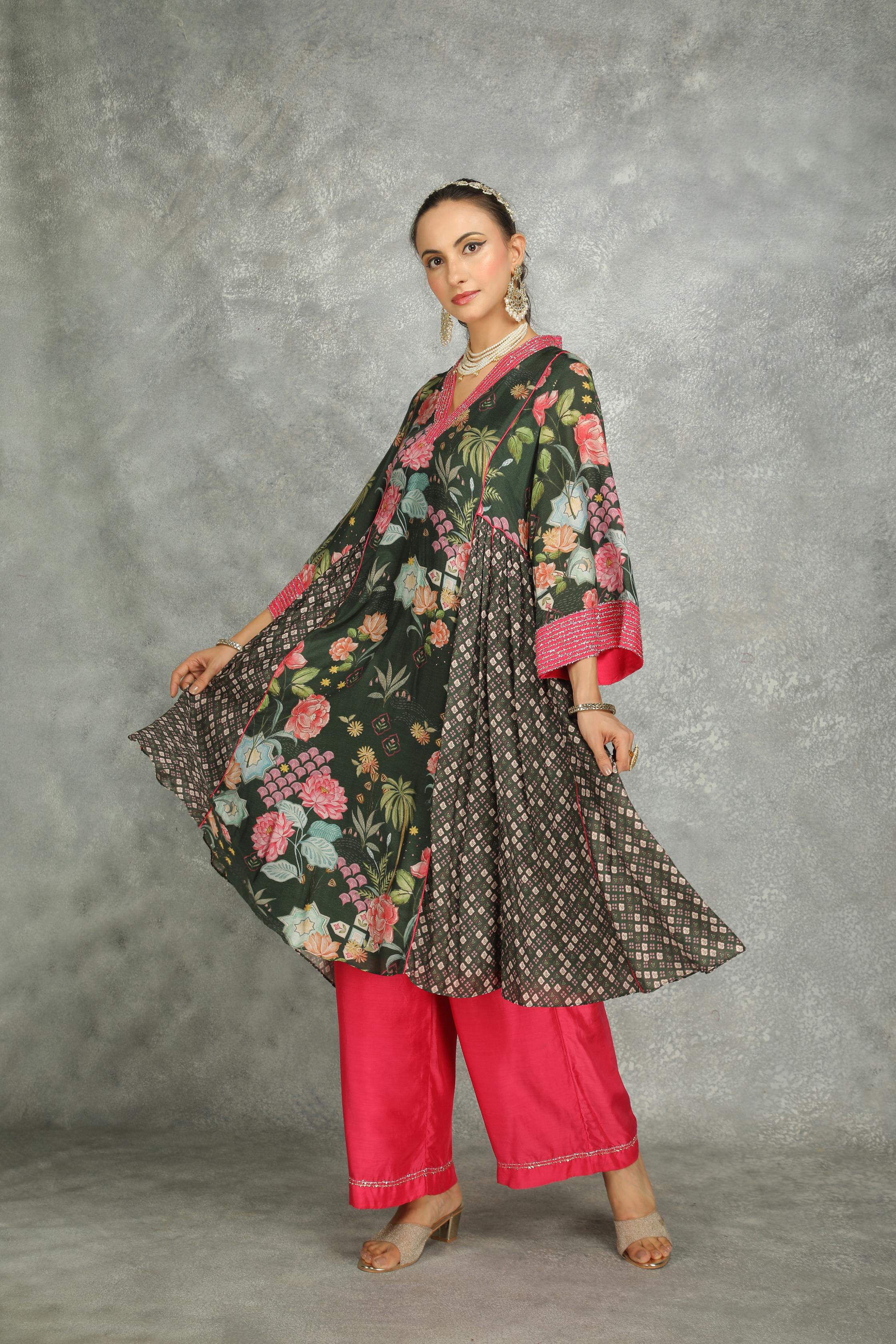 Forest Green Side Panel Buti Kurta with Scalloping Dupatta