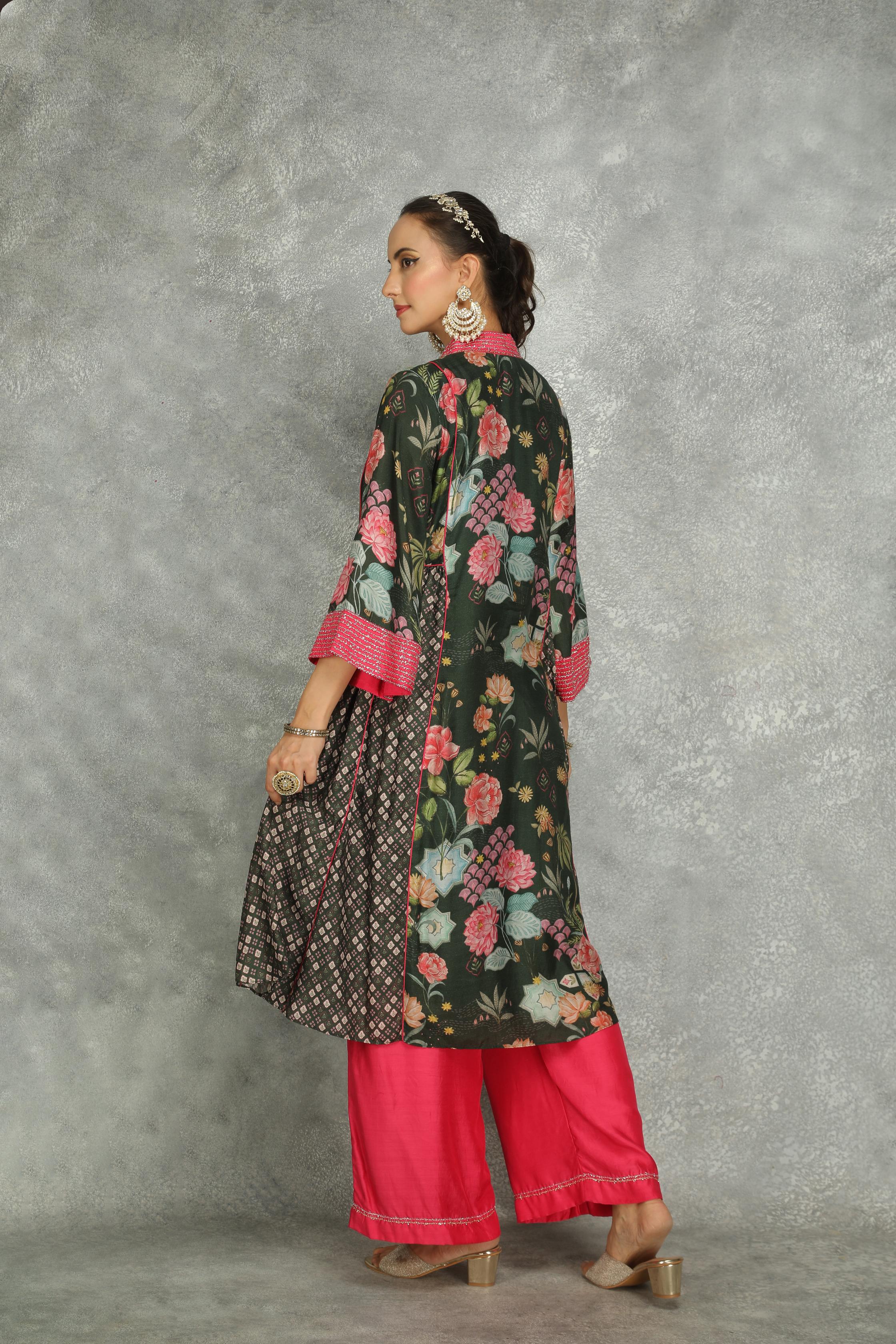 Forest Green Side Panel Buti Kurta with Scalloping Dupatta