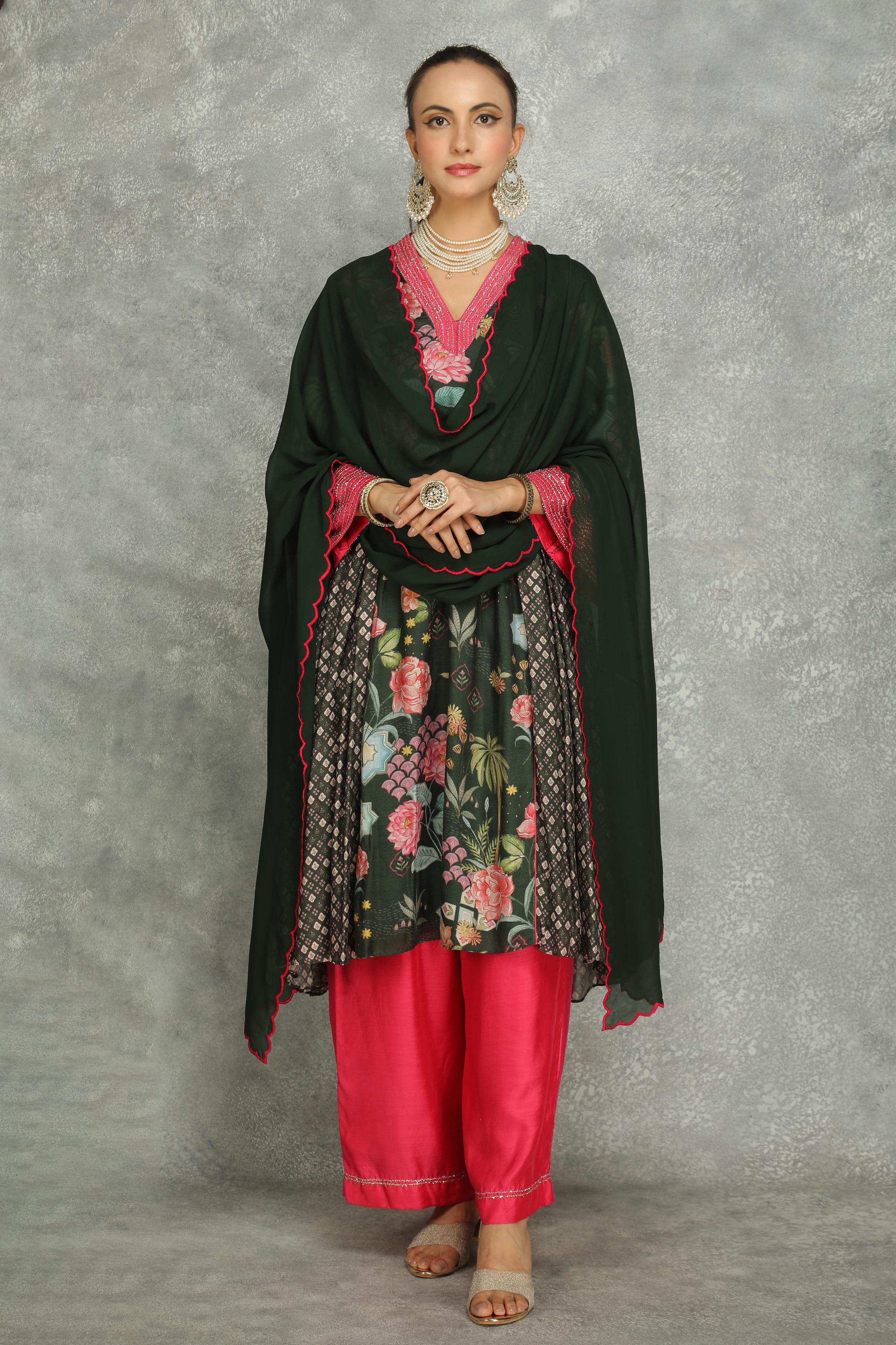 Forest Green Side Panel Buti Kurta with Scalloping Dupatta