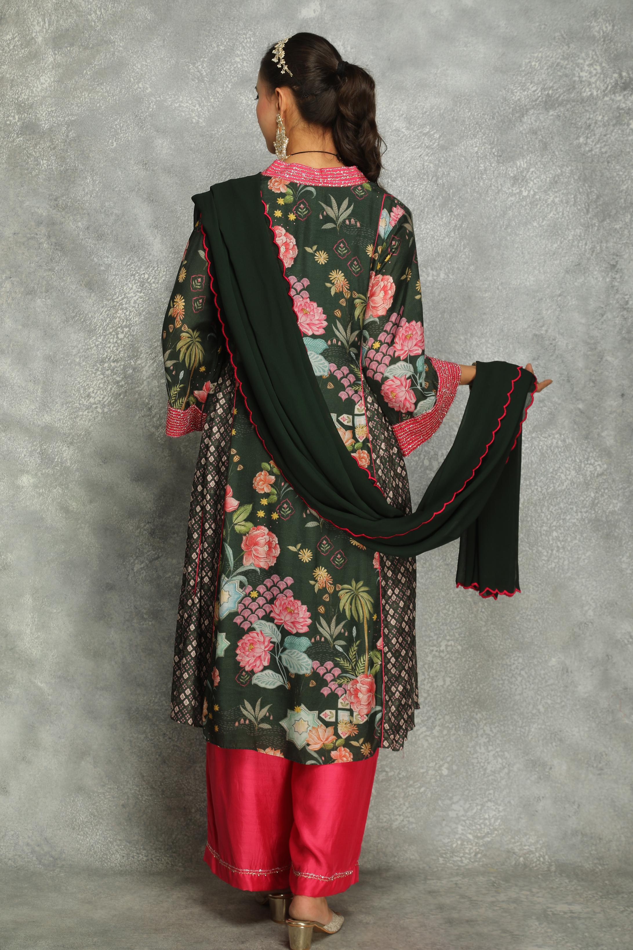 Forest Green Side Panel Buti Kurta with Scalloping Dupatta