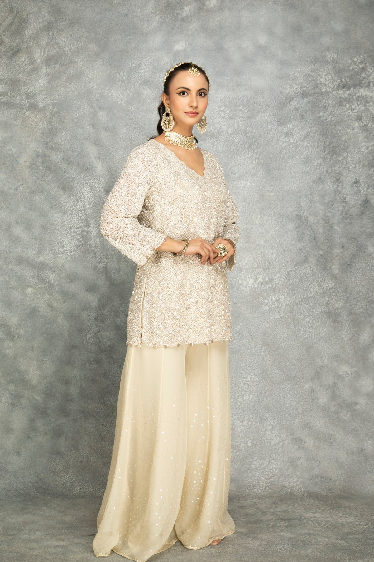 Ivory Organza Embroidered Sharara Set