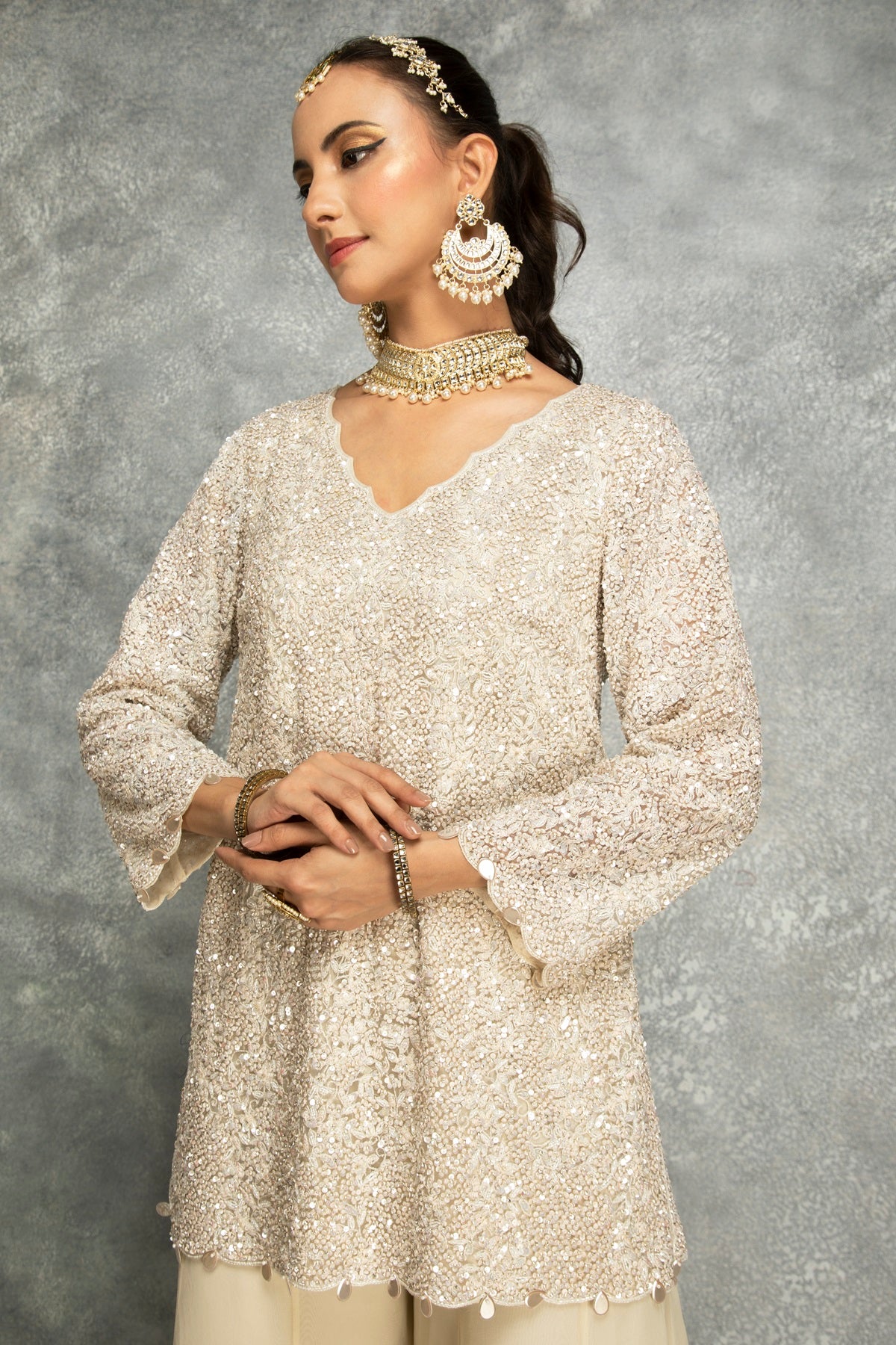 Ivory Organza Embroidered Sharara Set