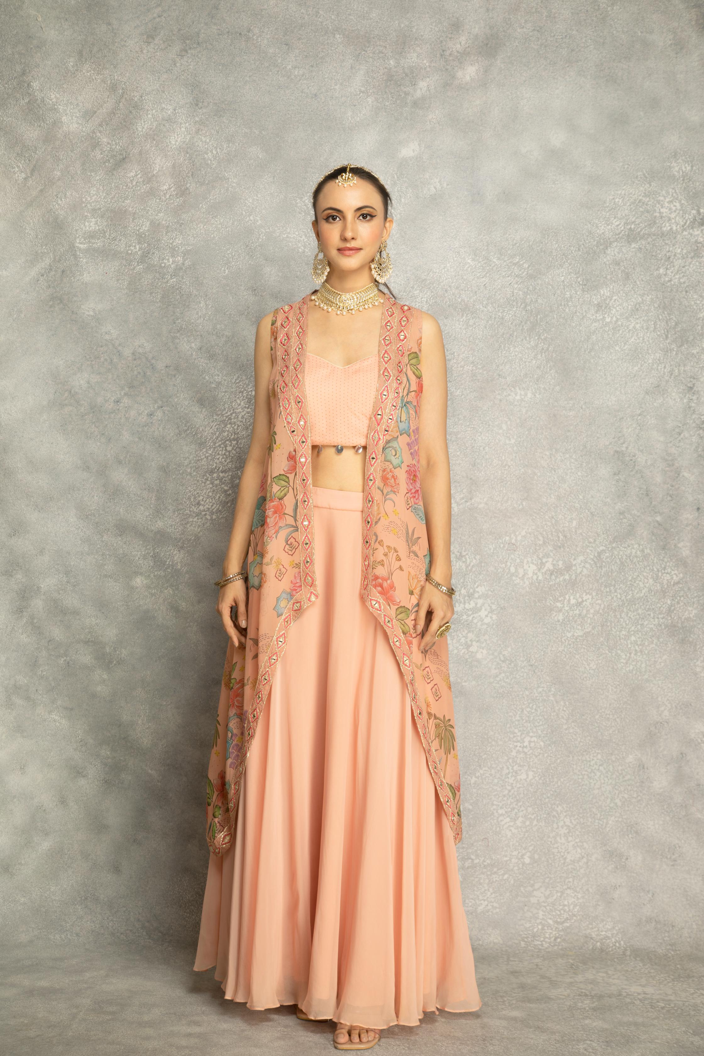 Peach Mirror Embroidered Cape w/Skirt and Crop Top Bustier