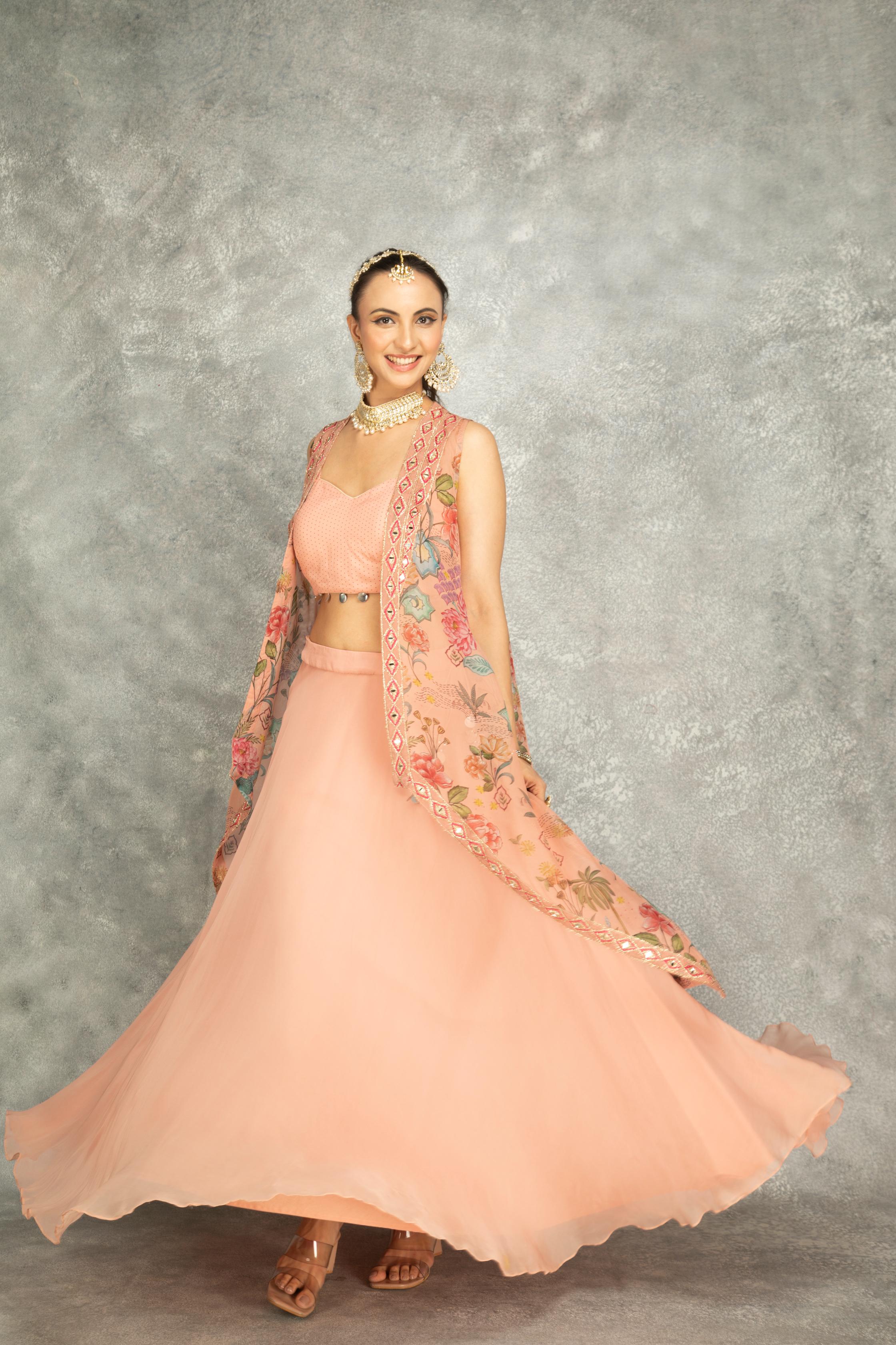 Peach Mirror Embroidered Cape w/Skirt and Crop Top Bustier