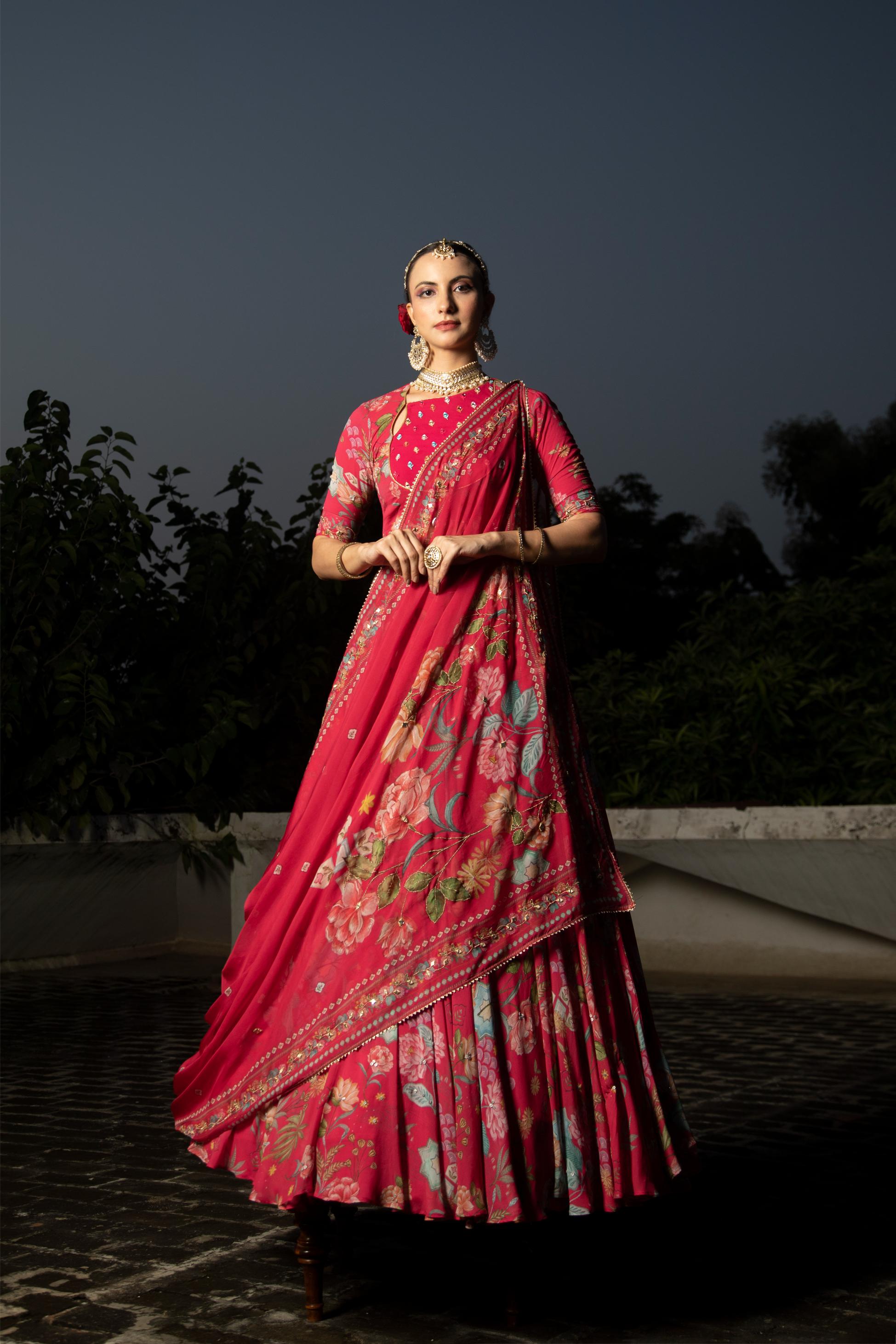 Hot Pink Embroidred Lehenga with Blouse & Dupatta