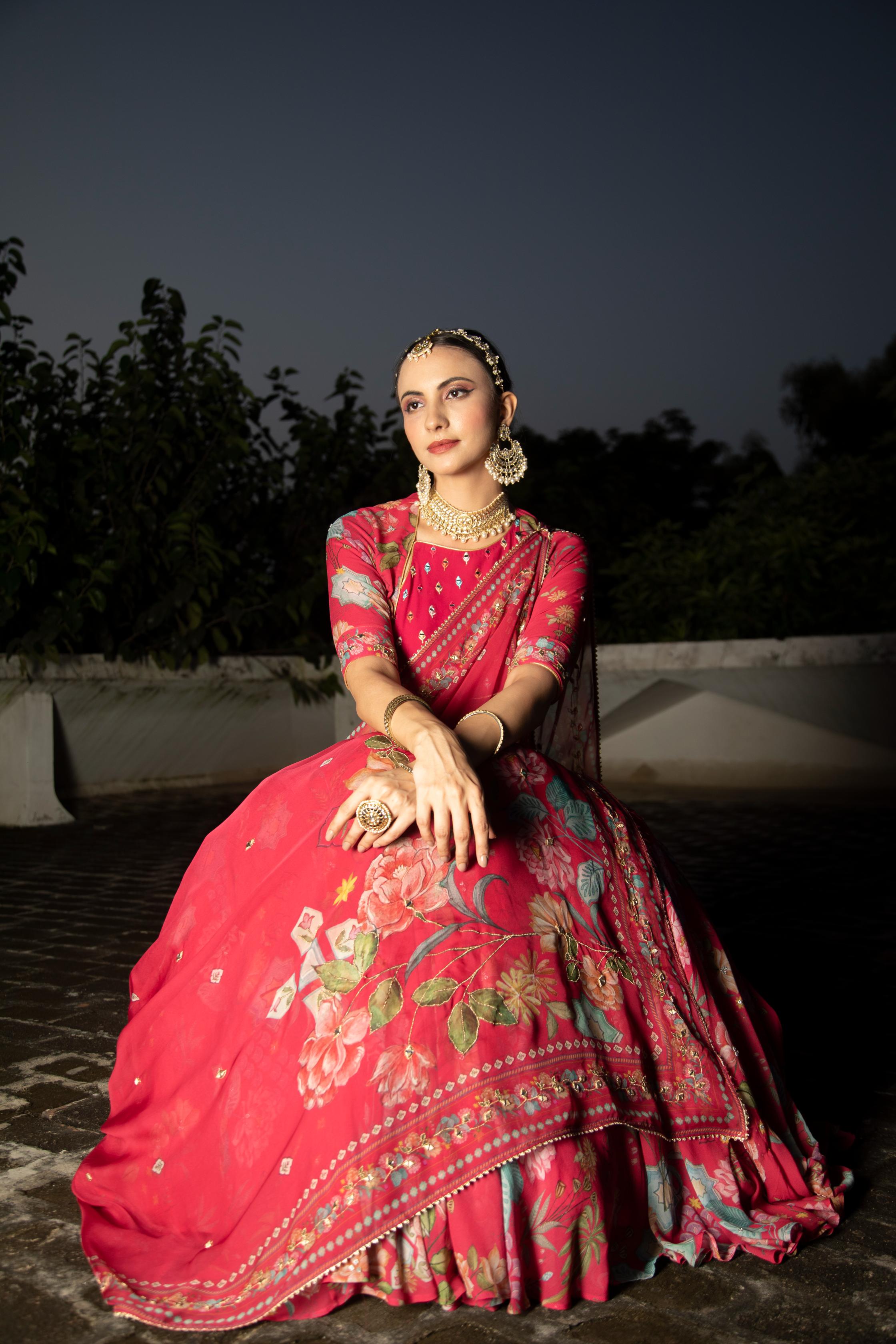 Hot Pink Embroidred Lehenga with Blouse & Dupatta