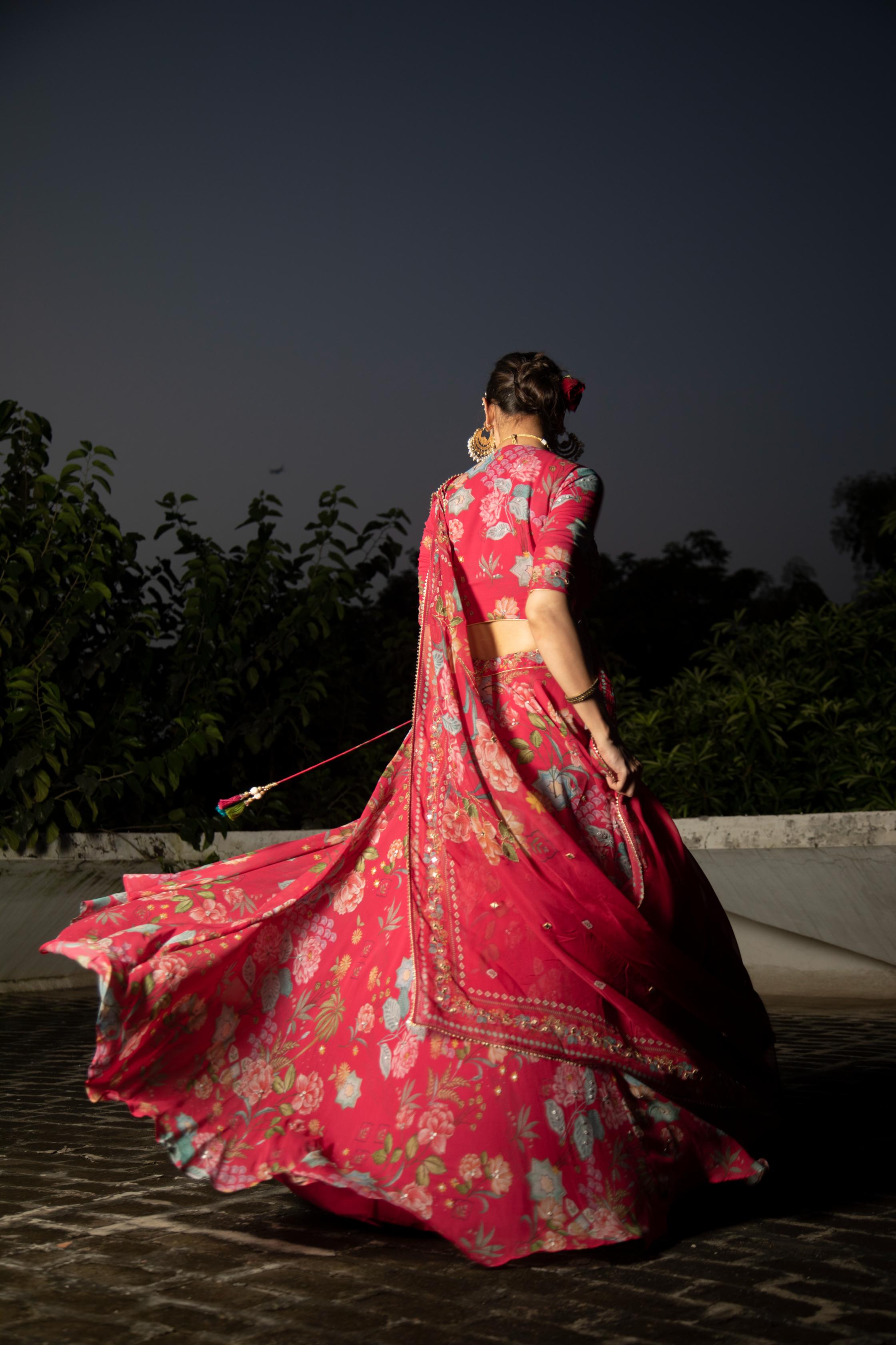 Hot Pink Embroidred Lehenga with Blouse & Dupatta