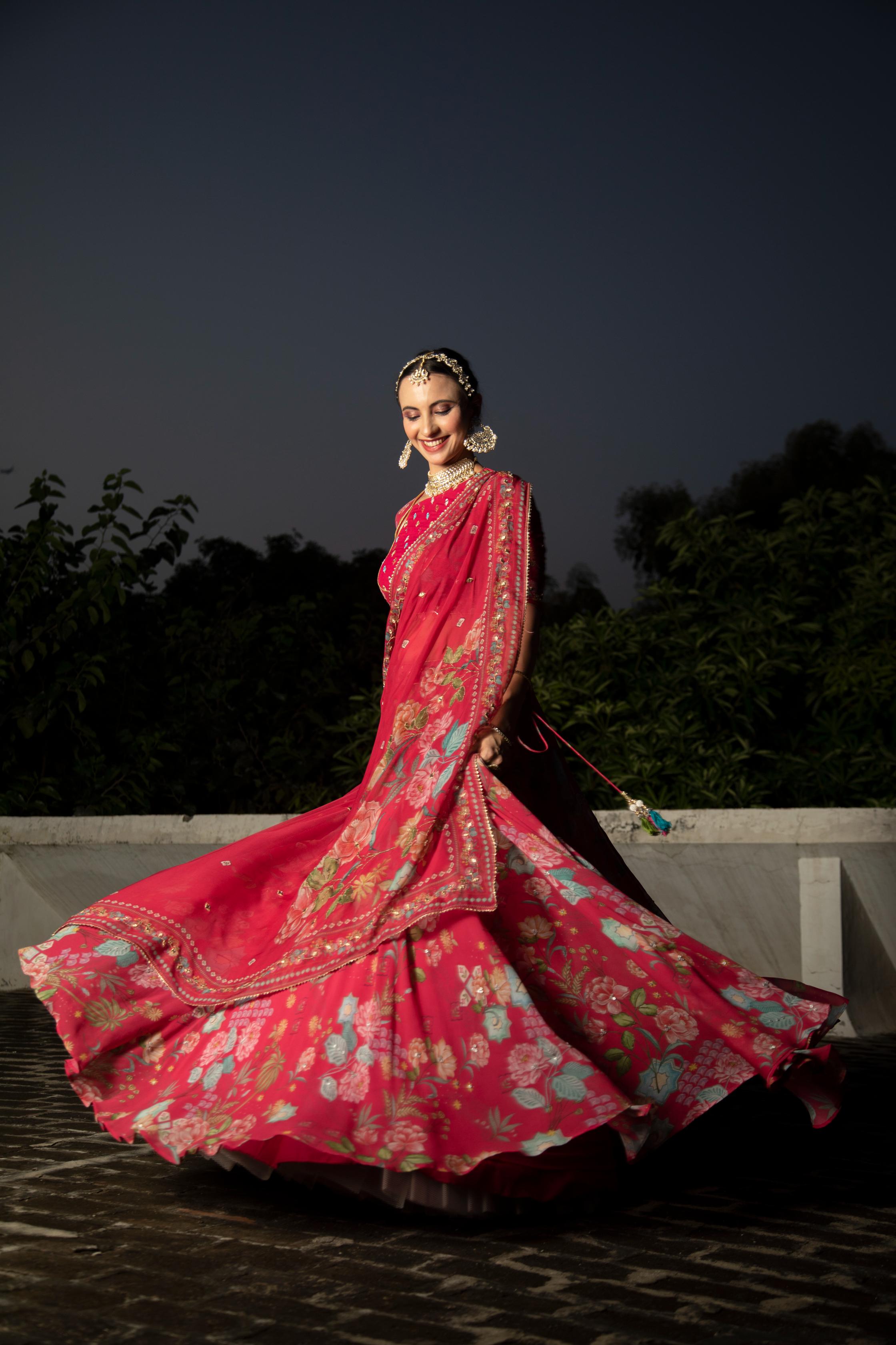 Hot Pink Embroidred Lehenga with Blouse & Dupatta