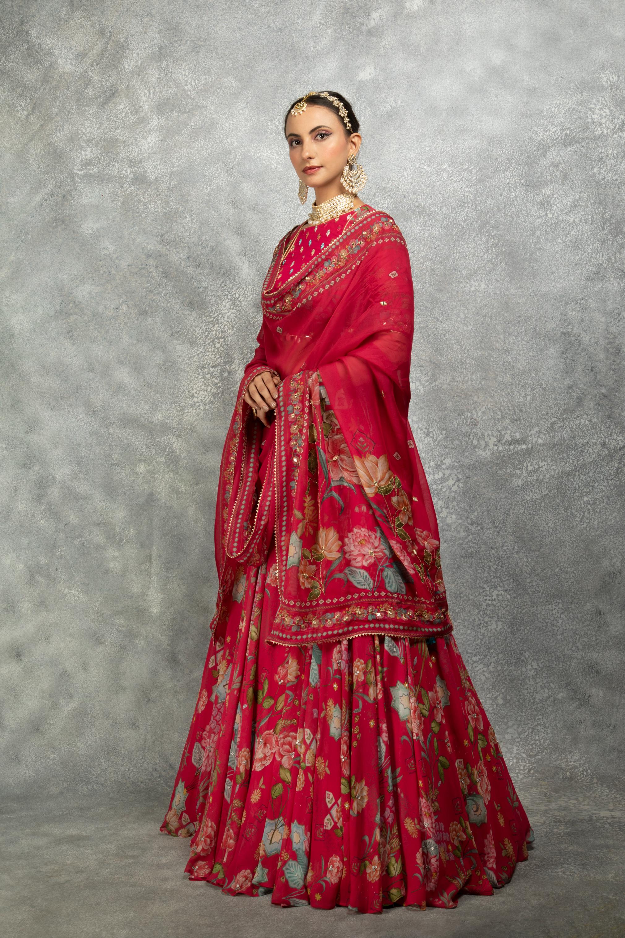 Hot Pink Embroidred Lehenga with Blouse & Dupatta