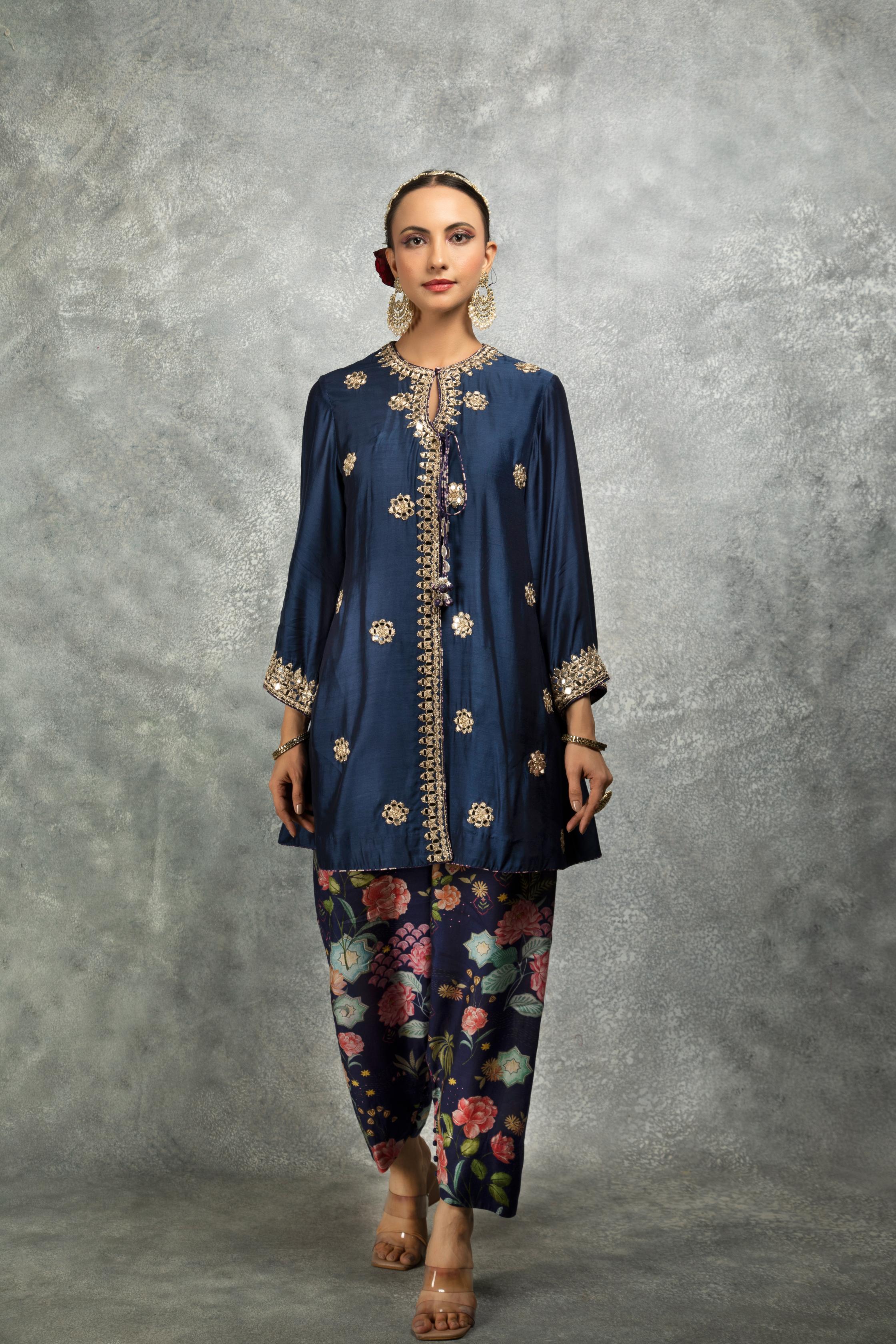 Blue Mirror Embroidered  Angrakha with Printed Pants & Dupatta Set of 3