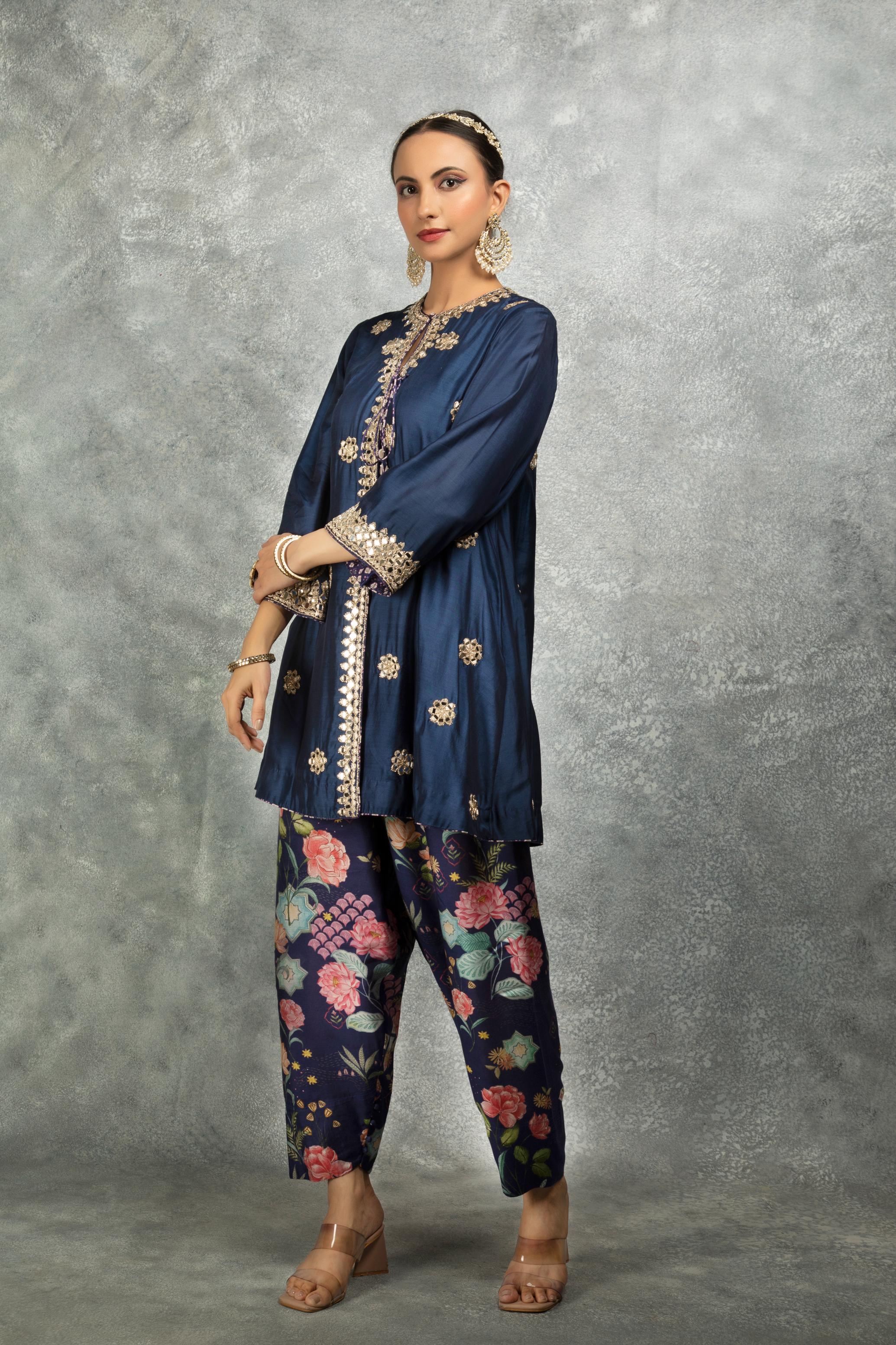 Blue Mirror Embroidered  Angrakha with Printed Pants & Dupatta Set of 3