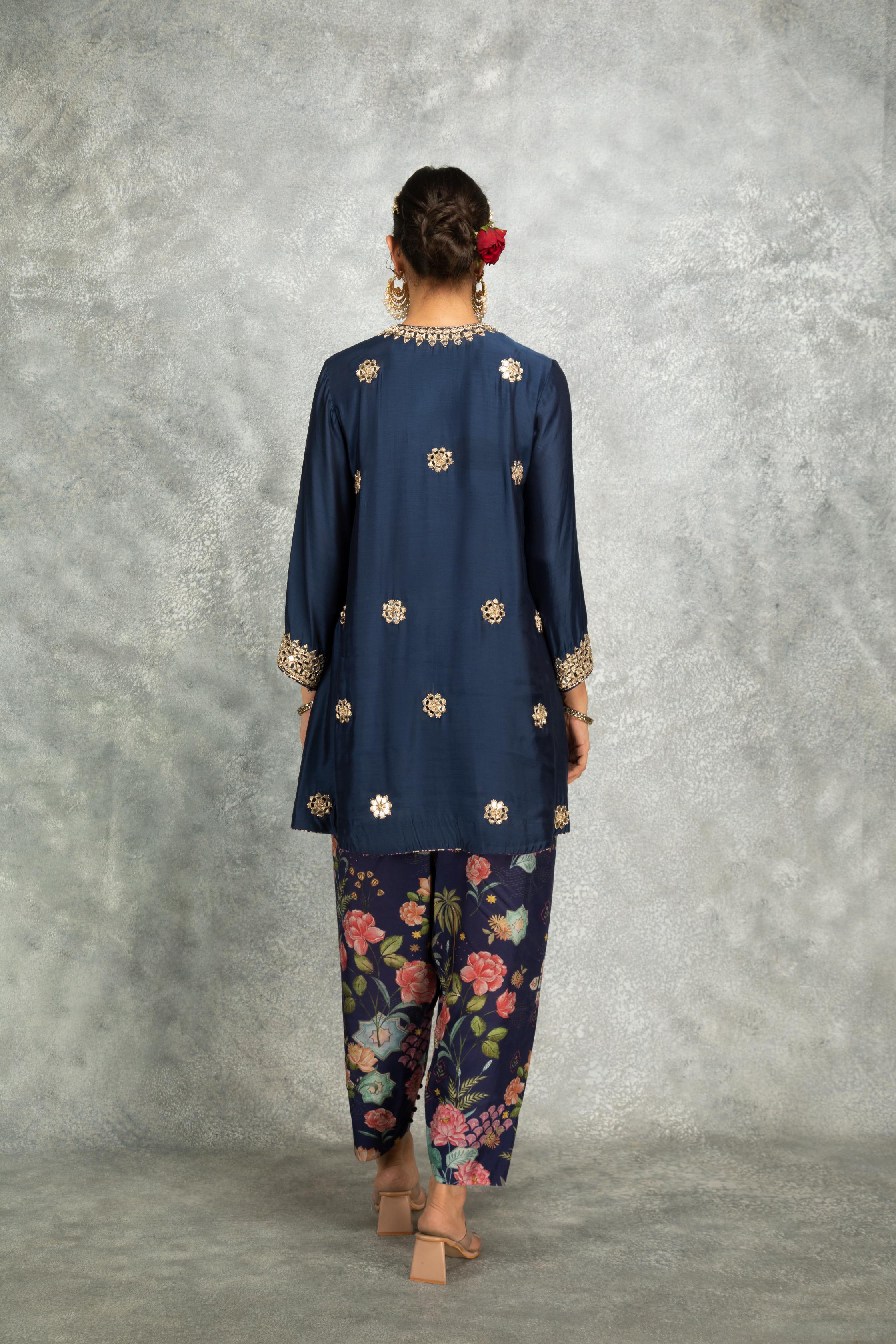 Blue Mirror Embroidered  Angrakha with Printed Pants & Dupatta Set of 3