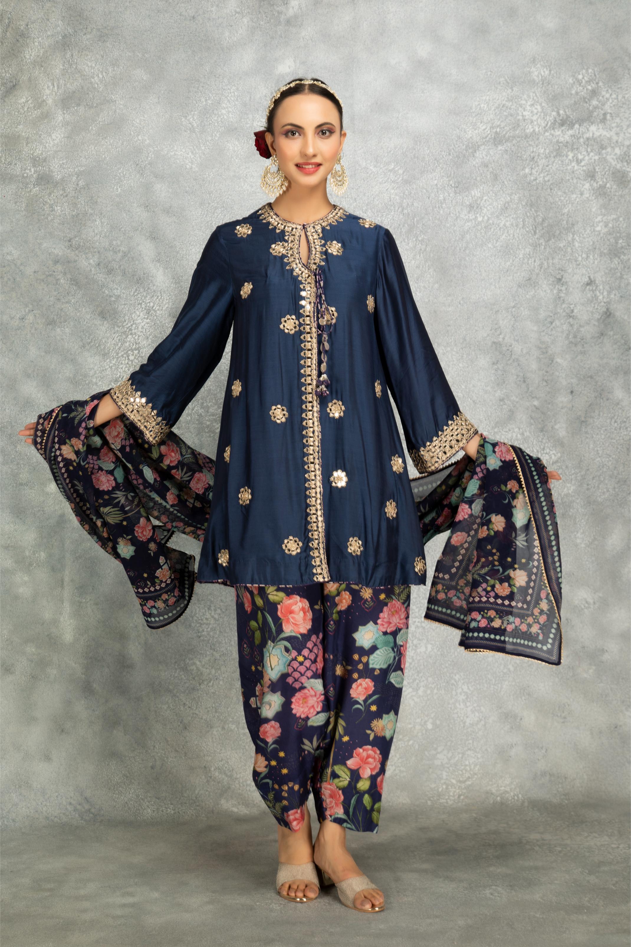 Blue Mirror Embroidered  Angrakha with Printed Pants & Dupatta Set of 3