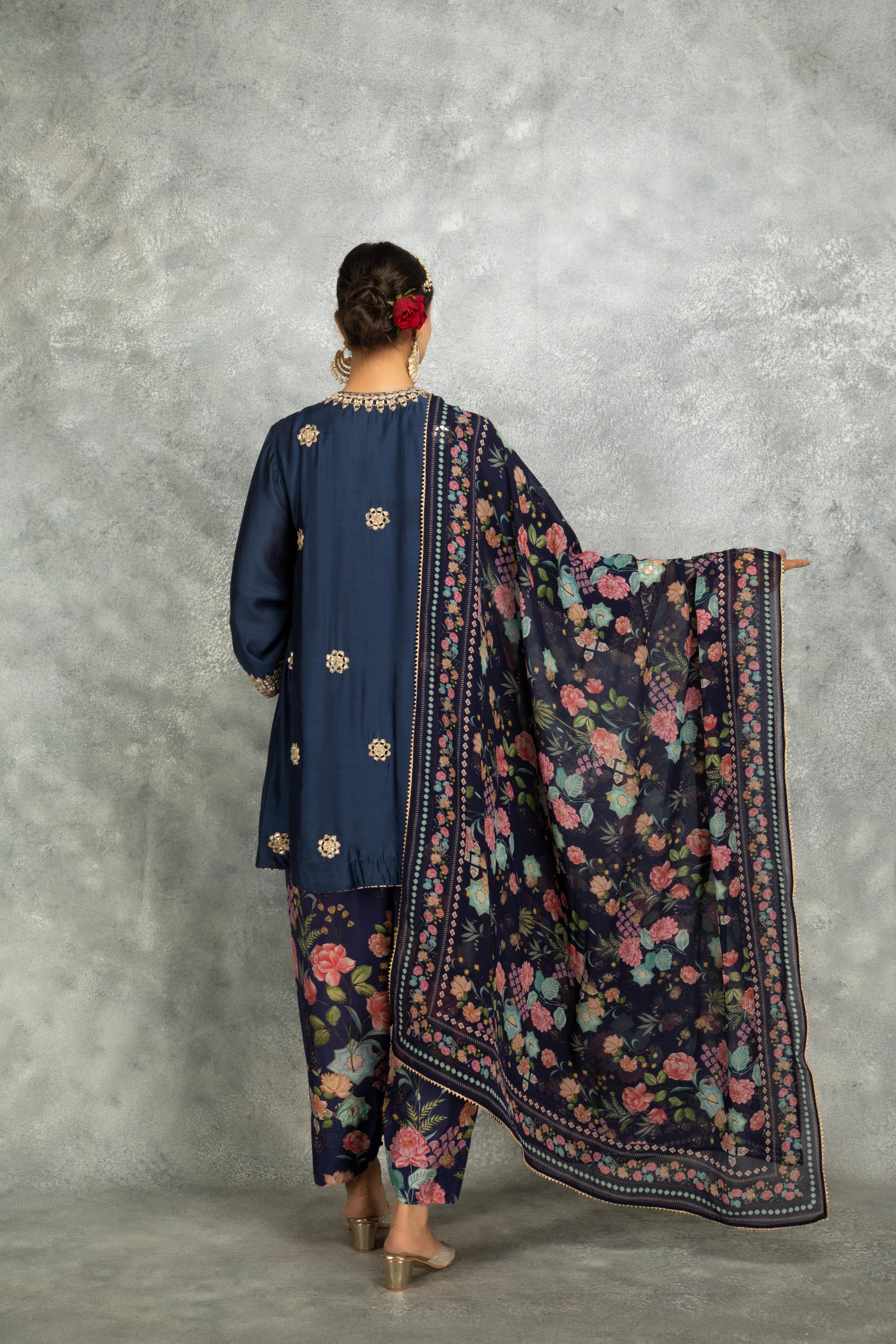 Blue Mirror Embroidered  Angrakha with Printed Pants & Dupatta Set of 3