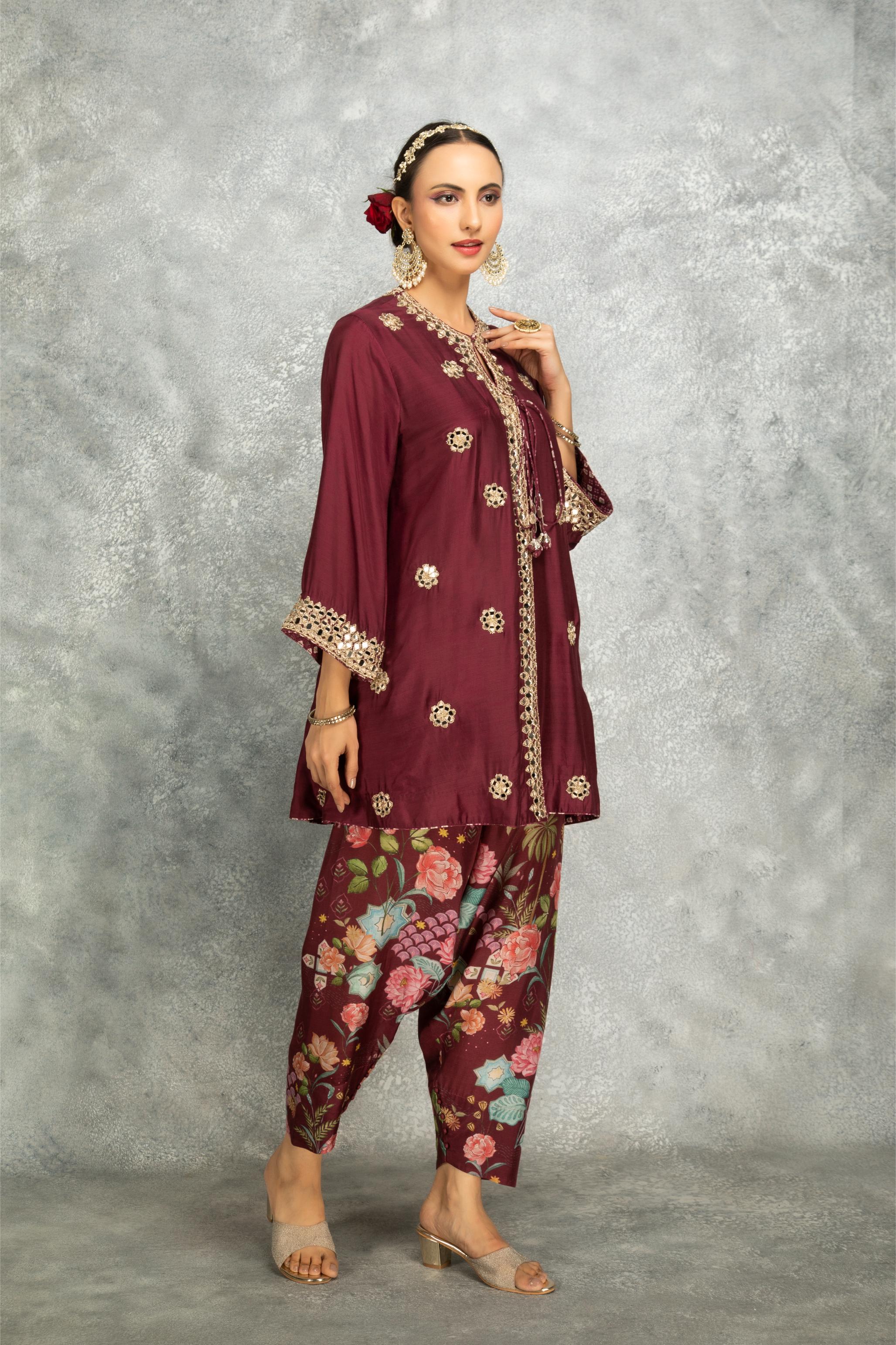 Wine Mirror Embroidered  Angrakha with Printed Pants & Dupatta Set of 3