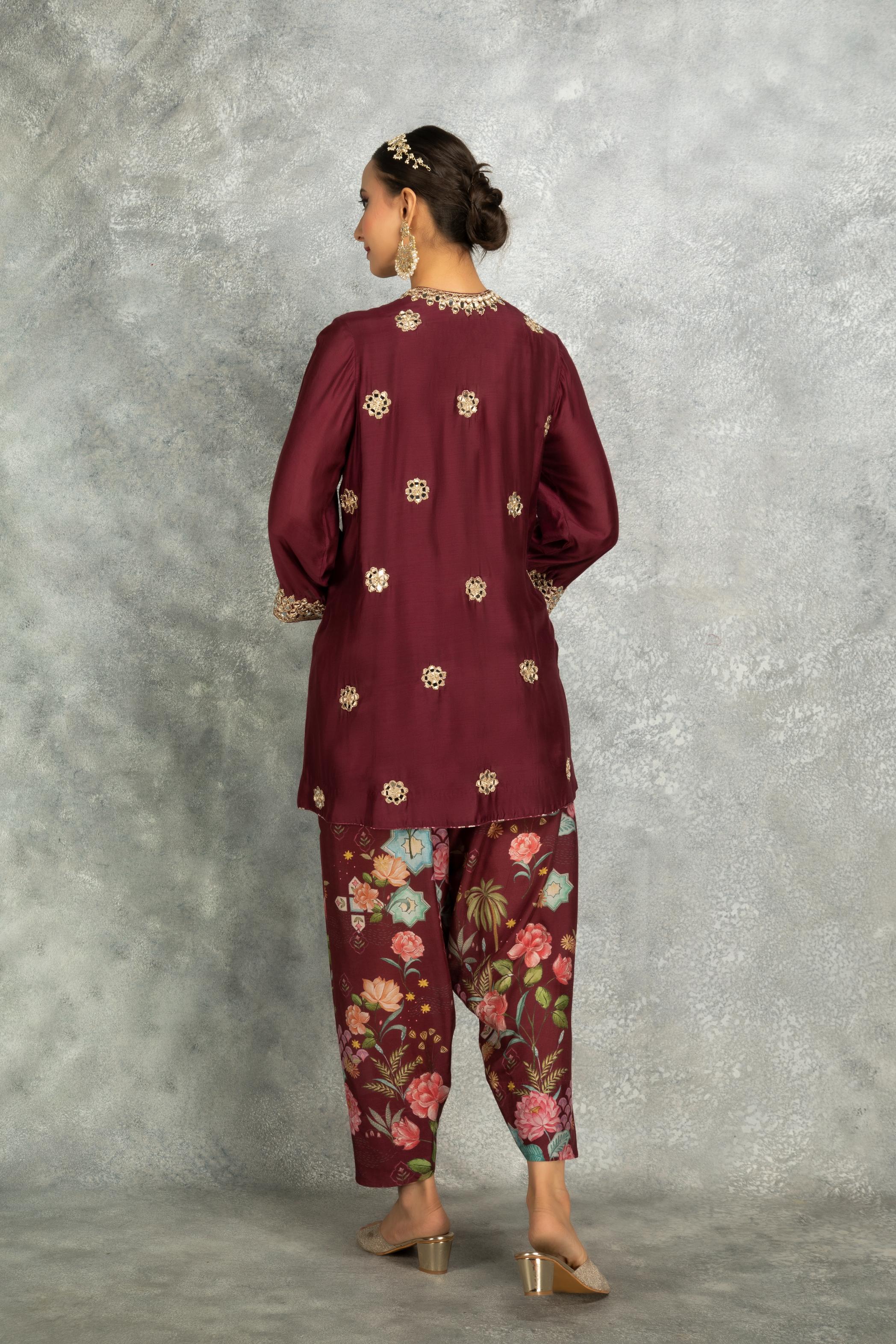 Wine Mirror Embroidered  Angrakha with Printed Pants & Dupatta Set of 3