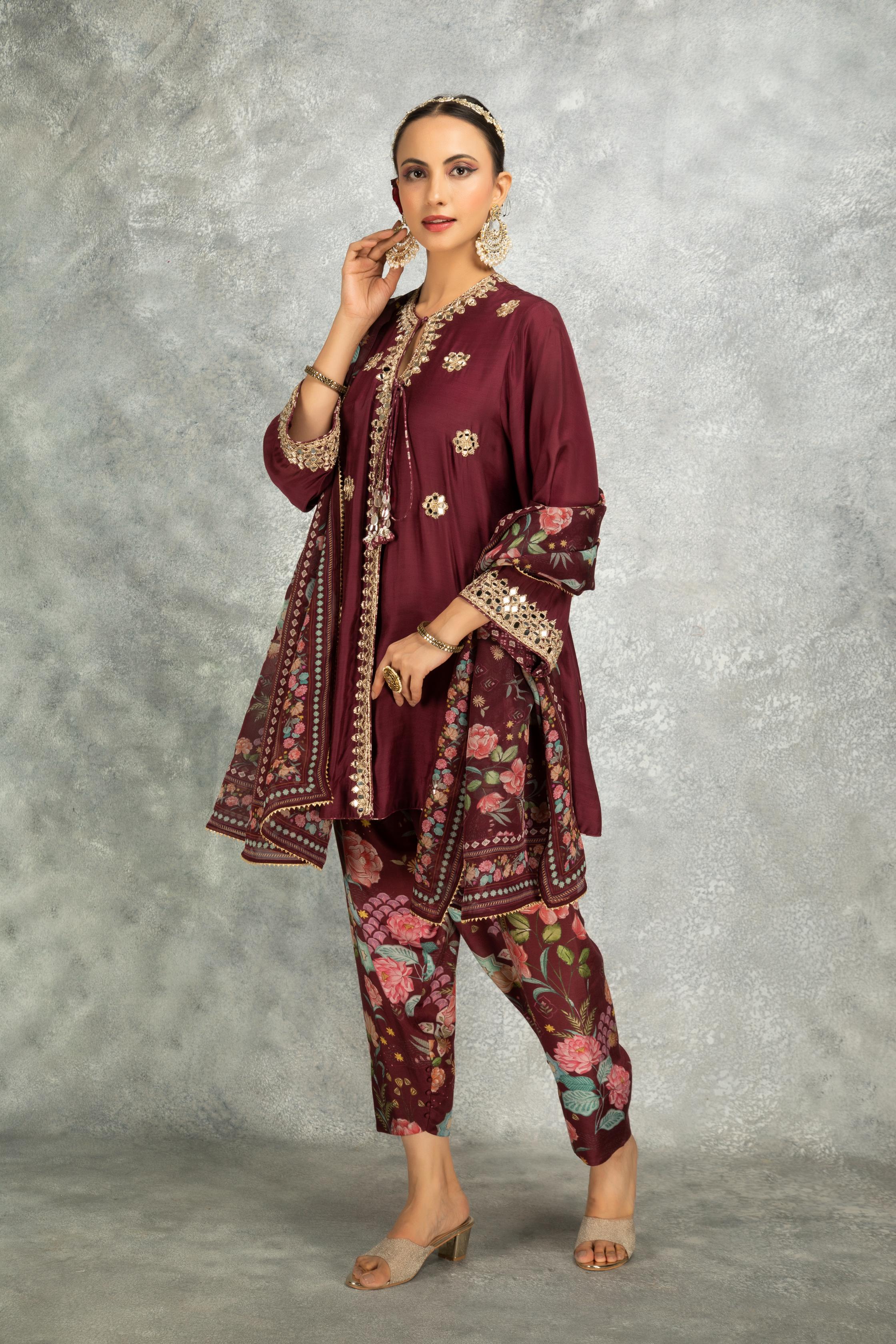 Wine Mirror Embroidered  Angrakha with Printed Pants & Dupatta Set of 3