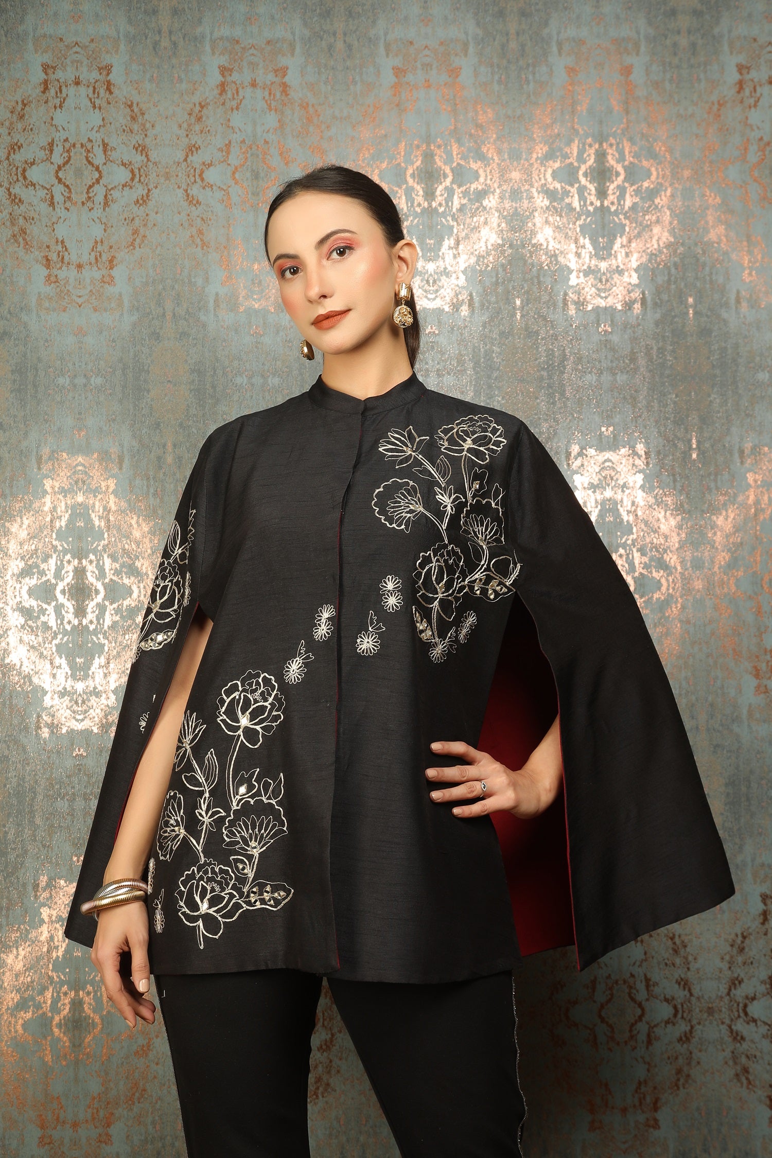 Black Silk Floral Embroidered Cape