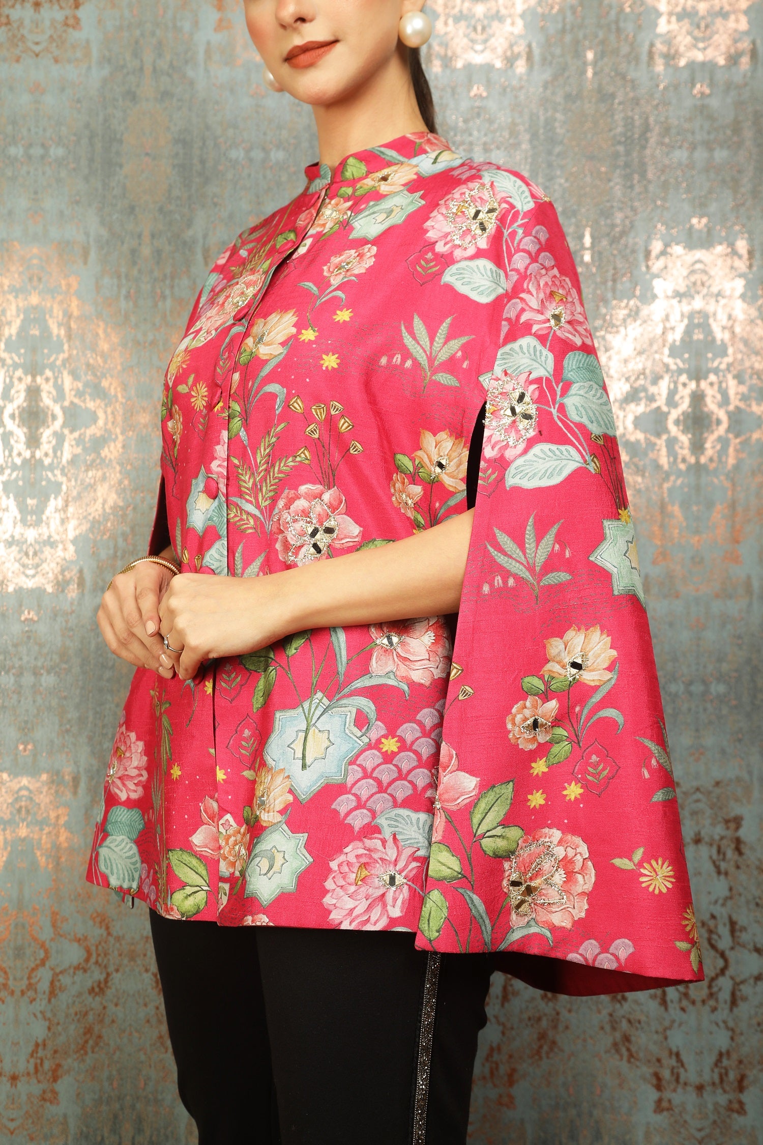 Hot Pink Printed Mirror Work Cape