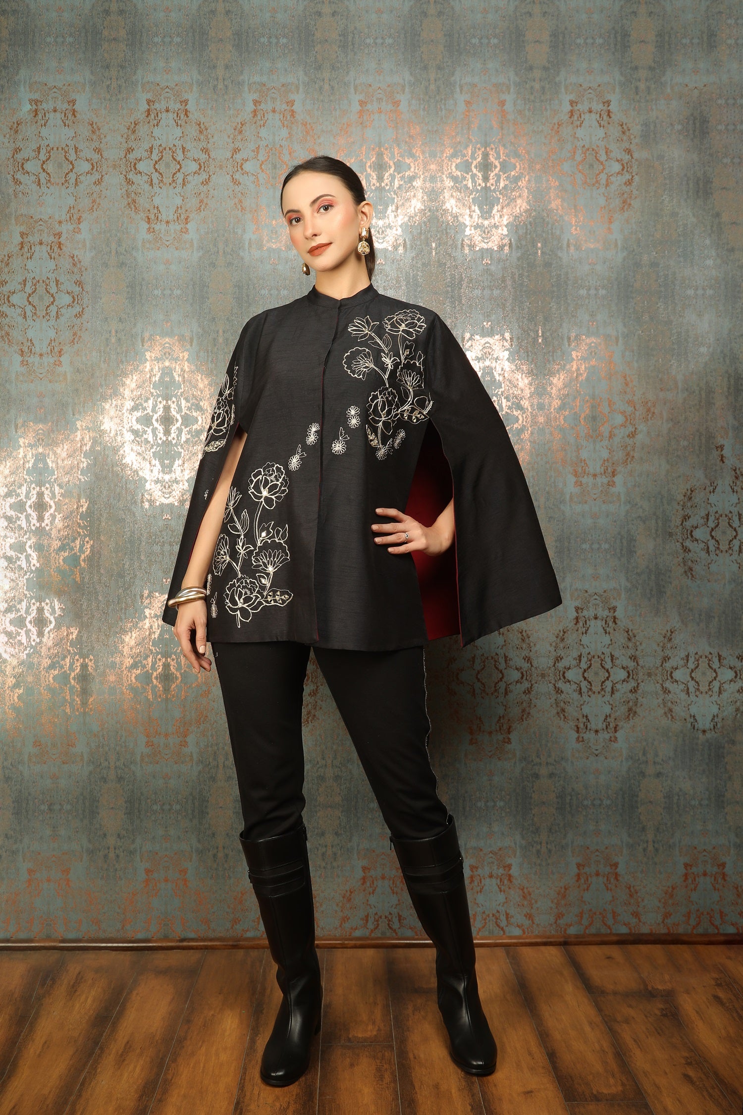 Black Silk Floral Embroidered Cape