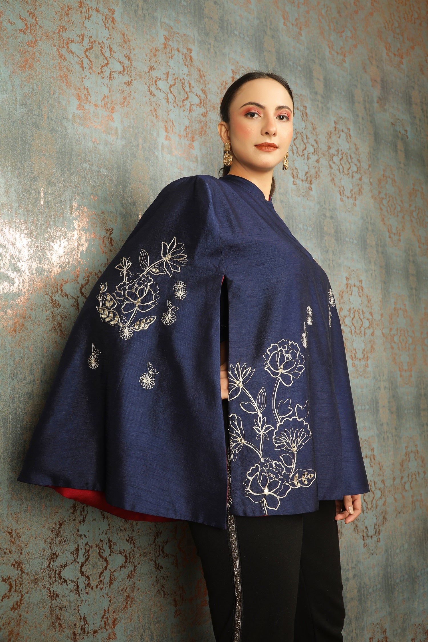 Blue Silk Floral Embroidered Cape