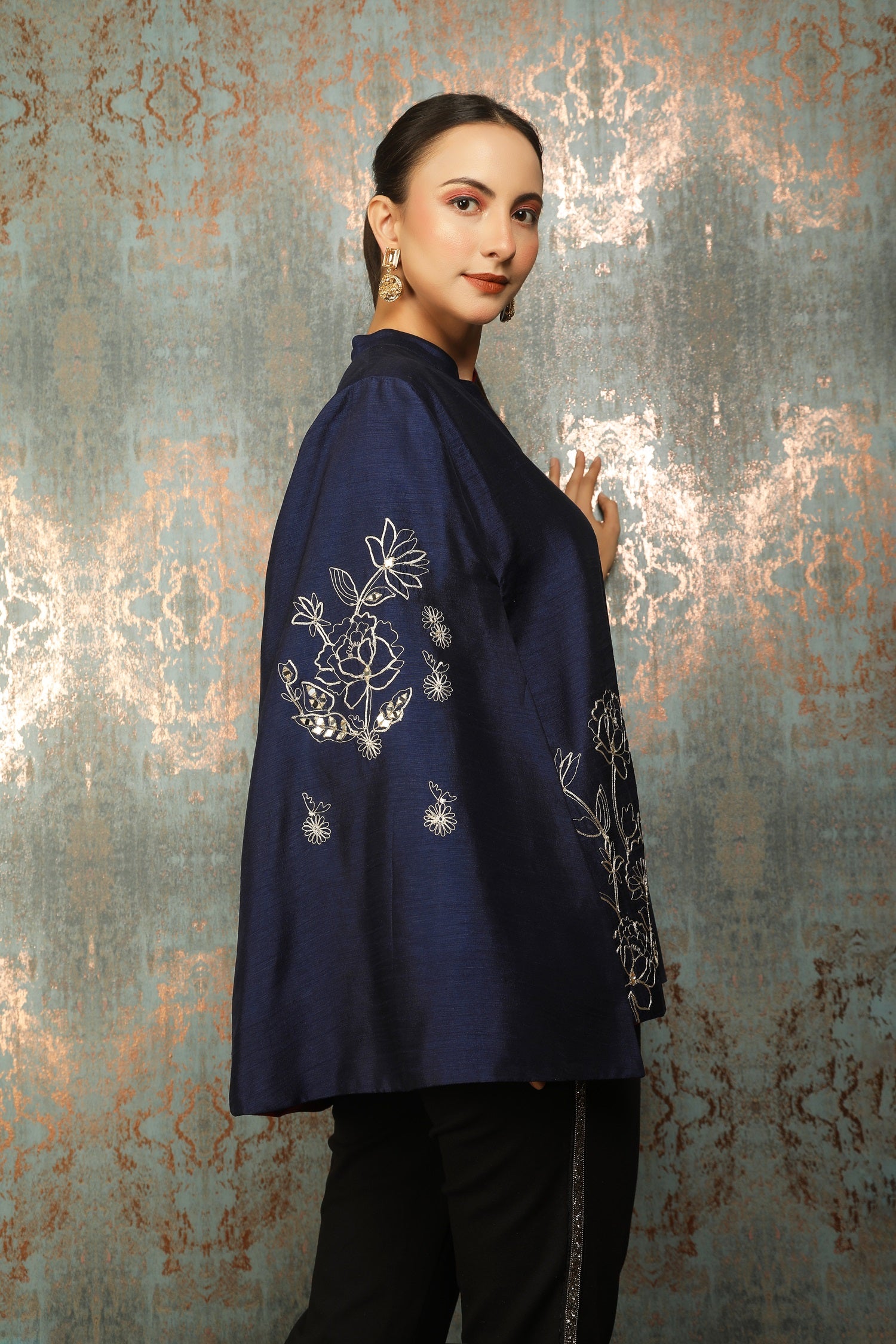 Blue Silk Floral Embroidered Cape