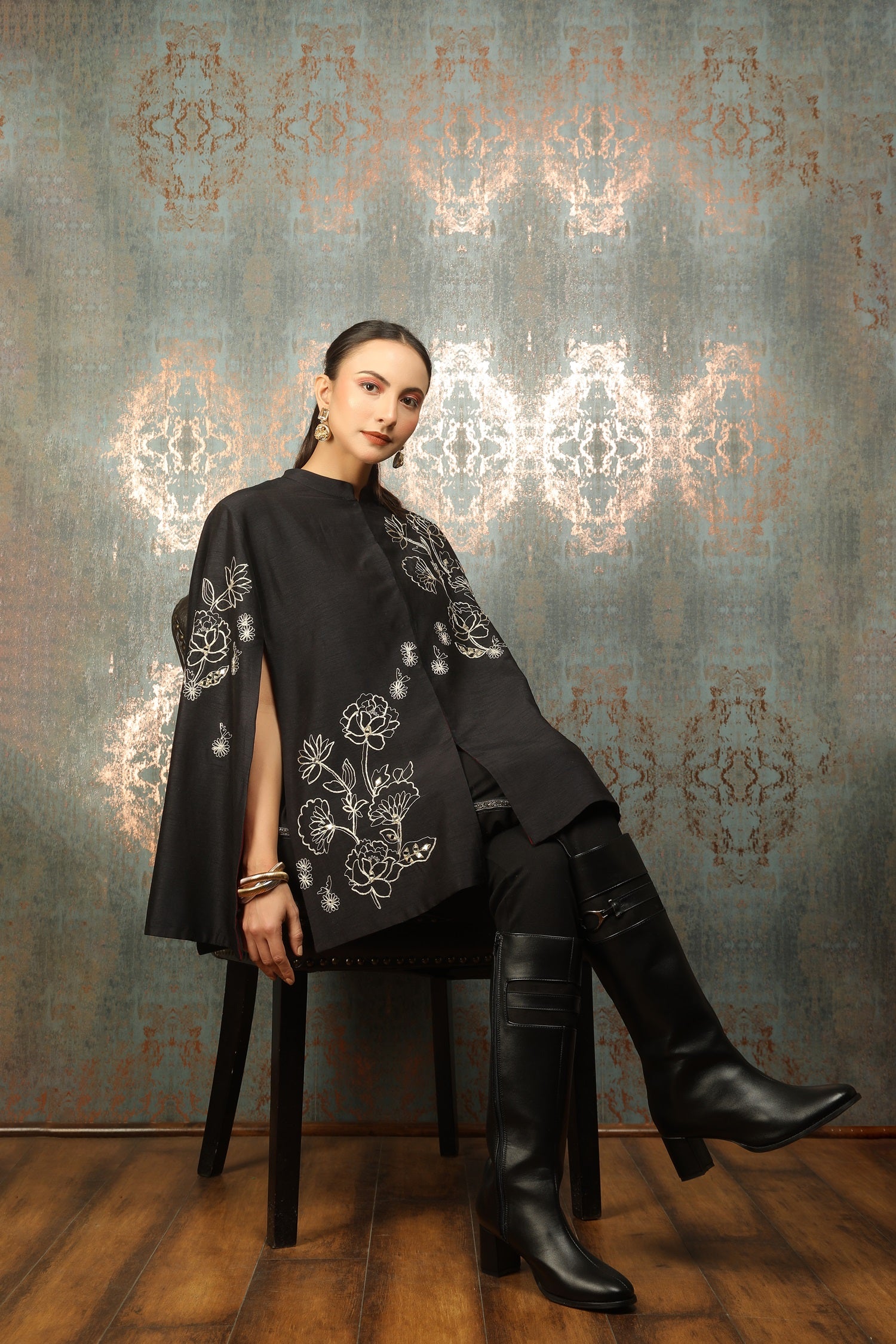 Black Silk Floral Embroidered Cape