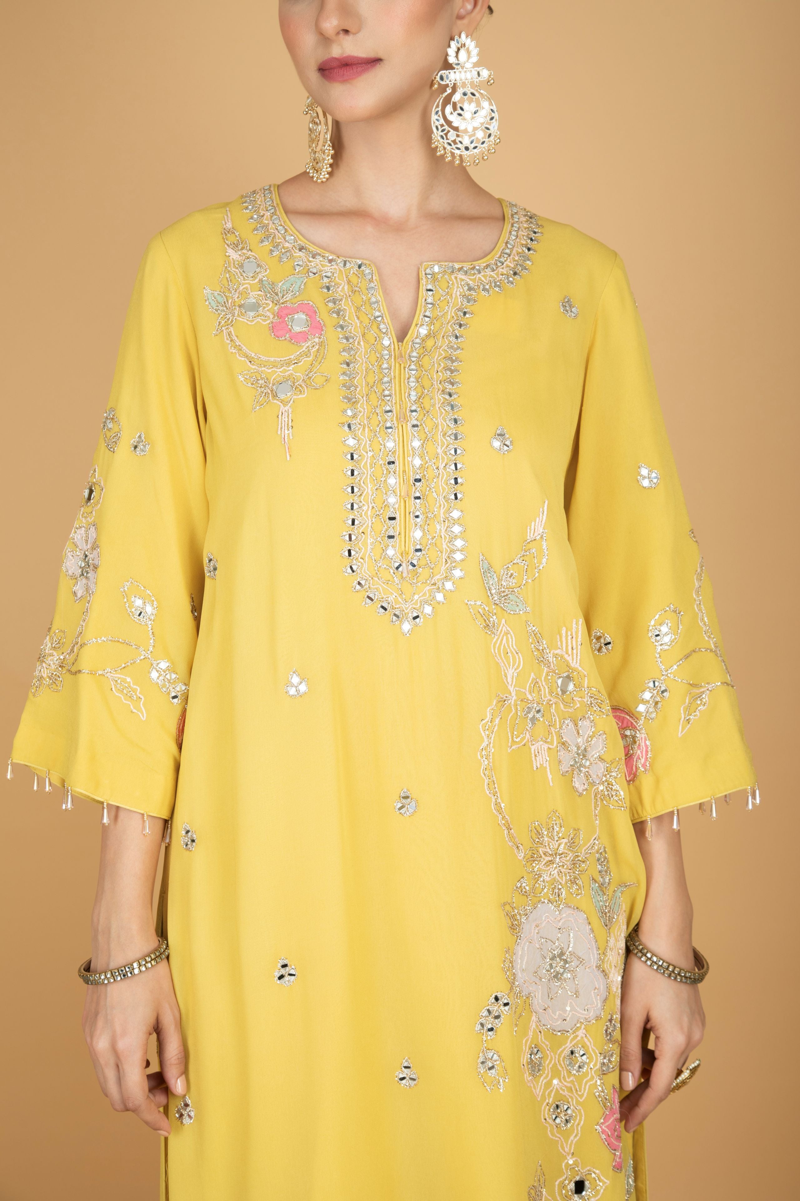 Lime Yellow Embroidered Kurta W/Pant & Dupatta