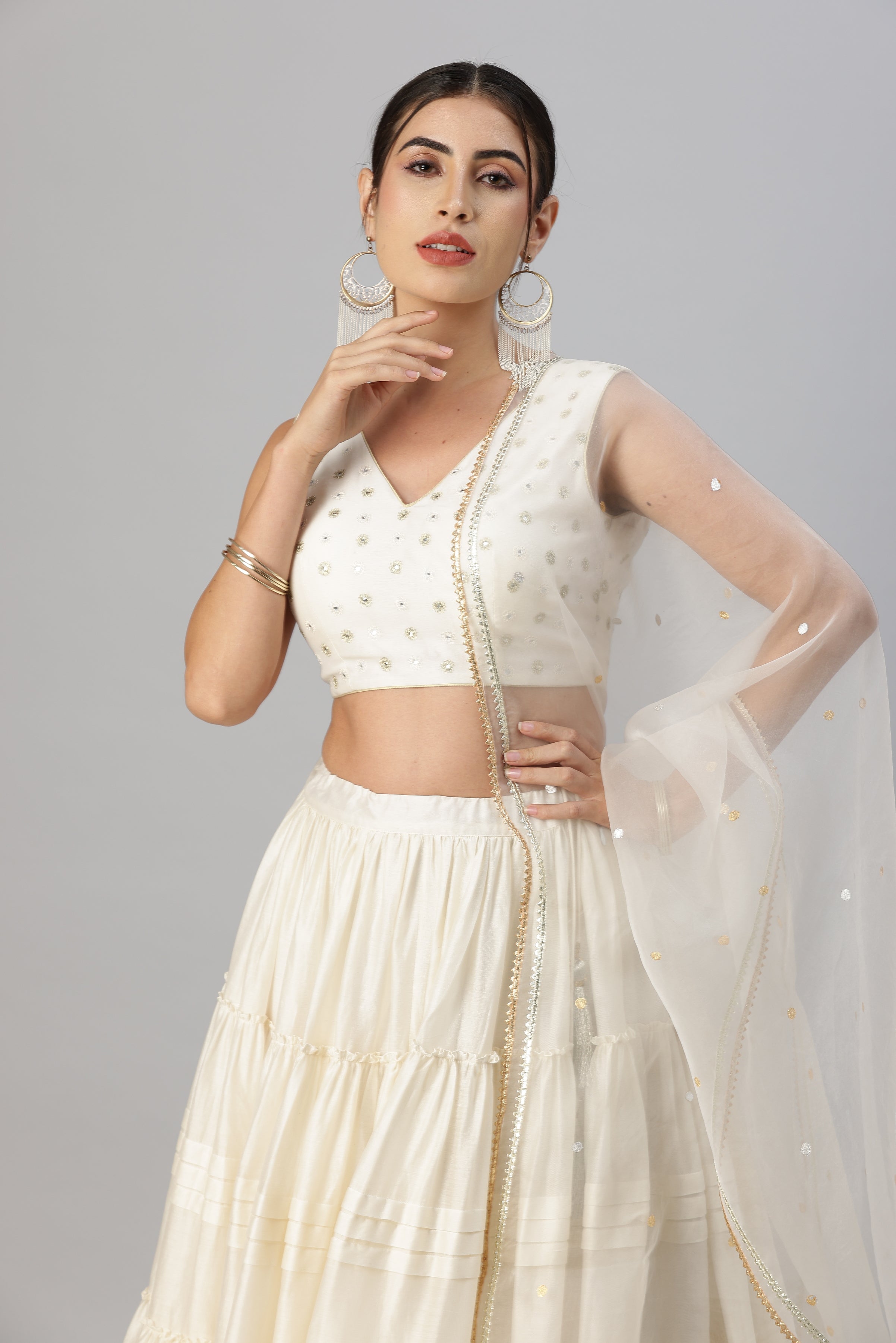 Ivory Lehenga with Mirrow Blouse & Foil Print Organza Dupatta Set