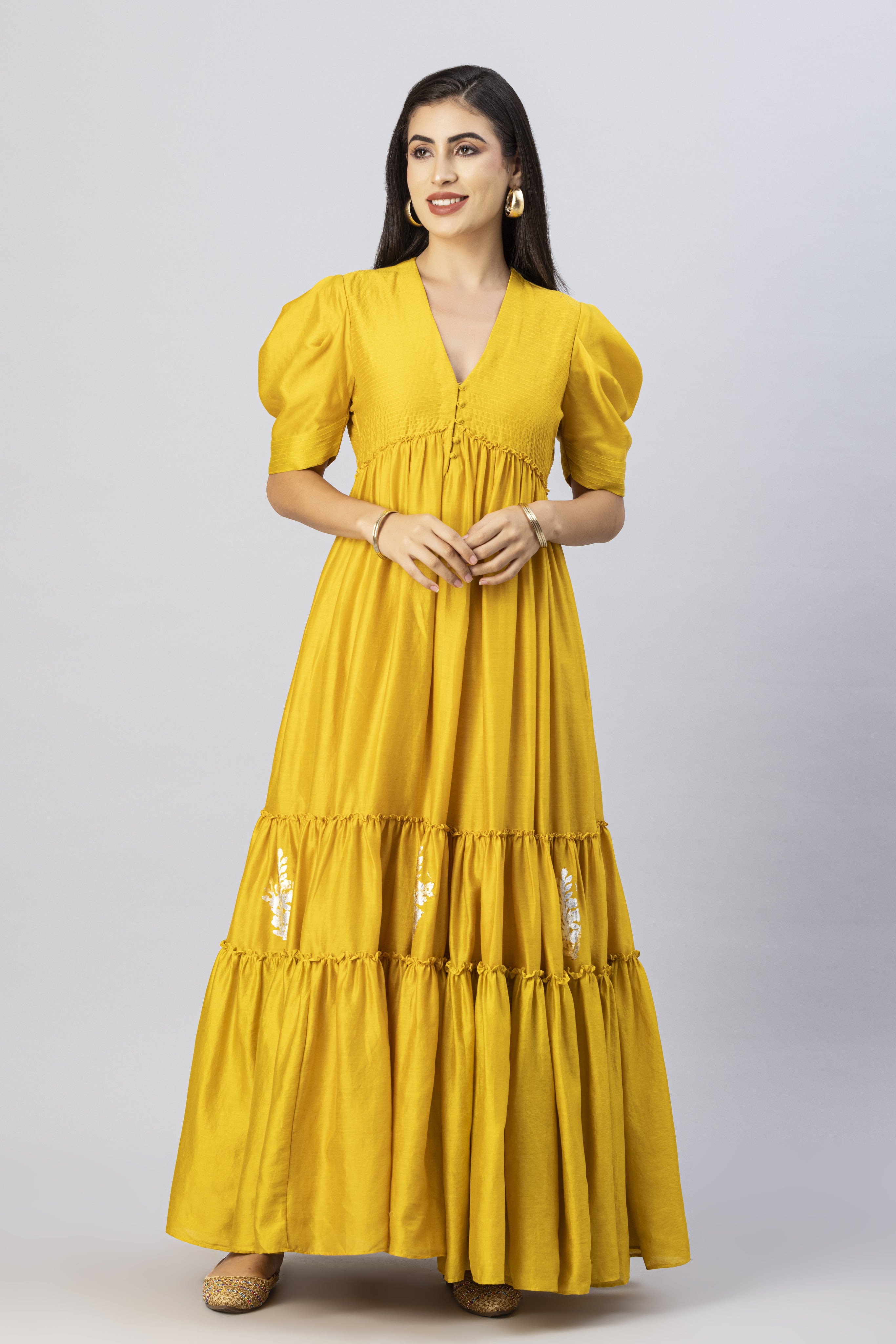 Mustard Gold Bohemian Gown Dress with Stylized Sleeves