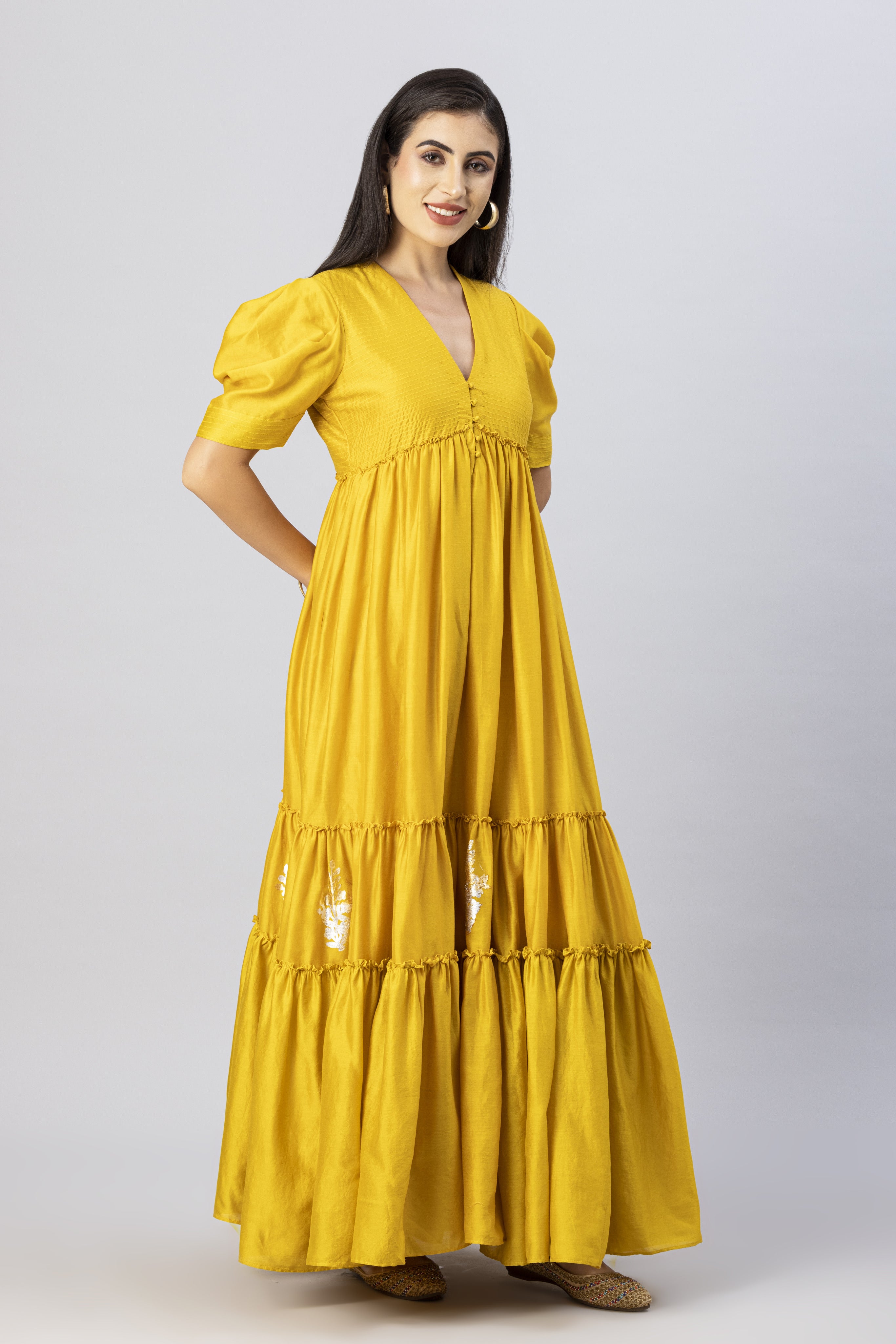 Mustard Gold Bohemian Gown Dress with Stylized Sleeves