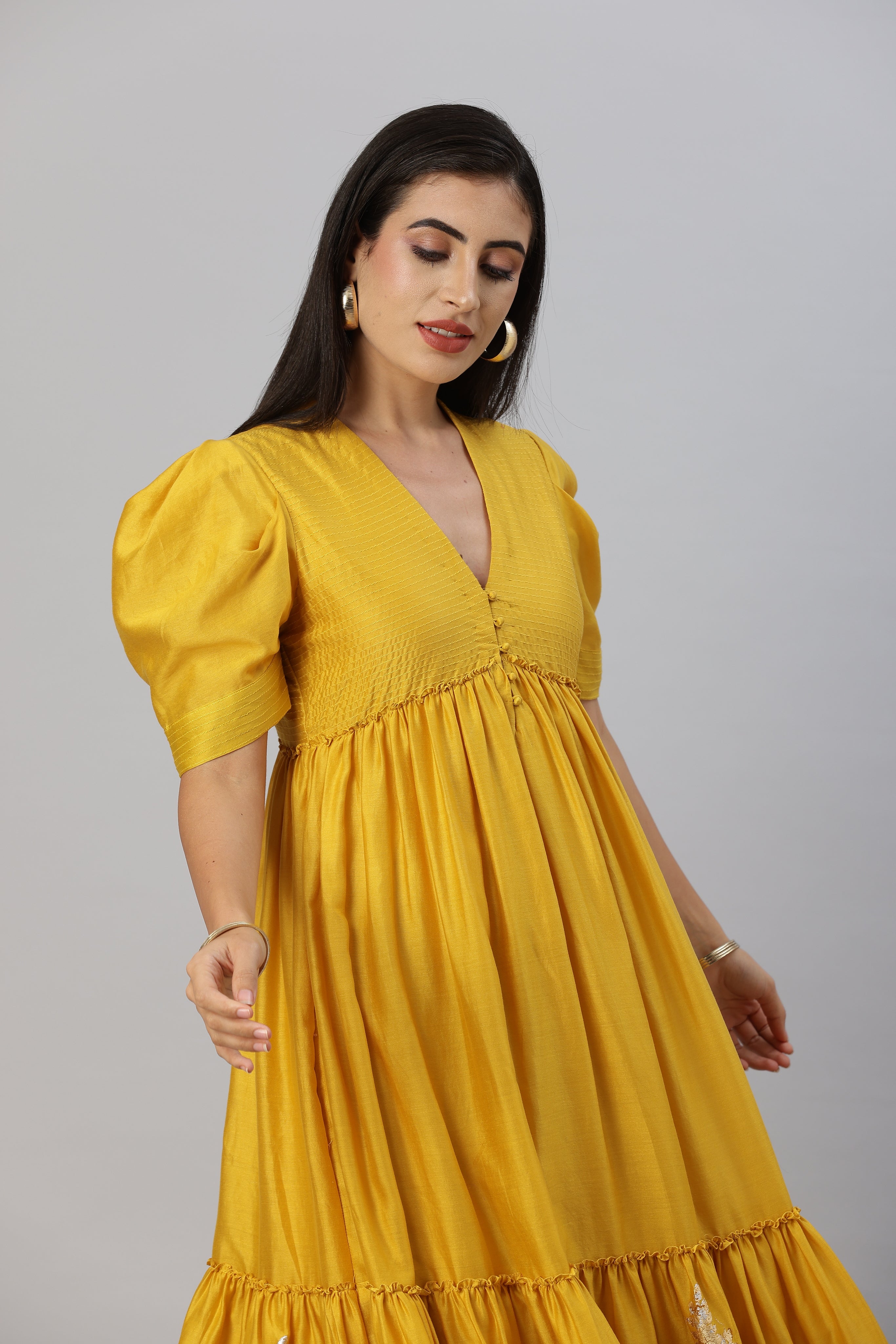 Mustard Gold Bohemian Gown Dress with Stylized Sleeves