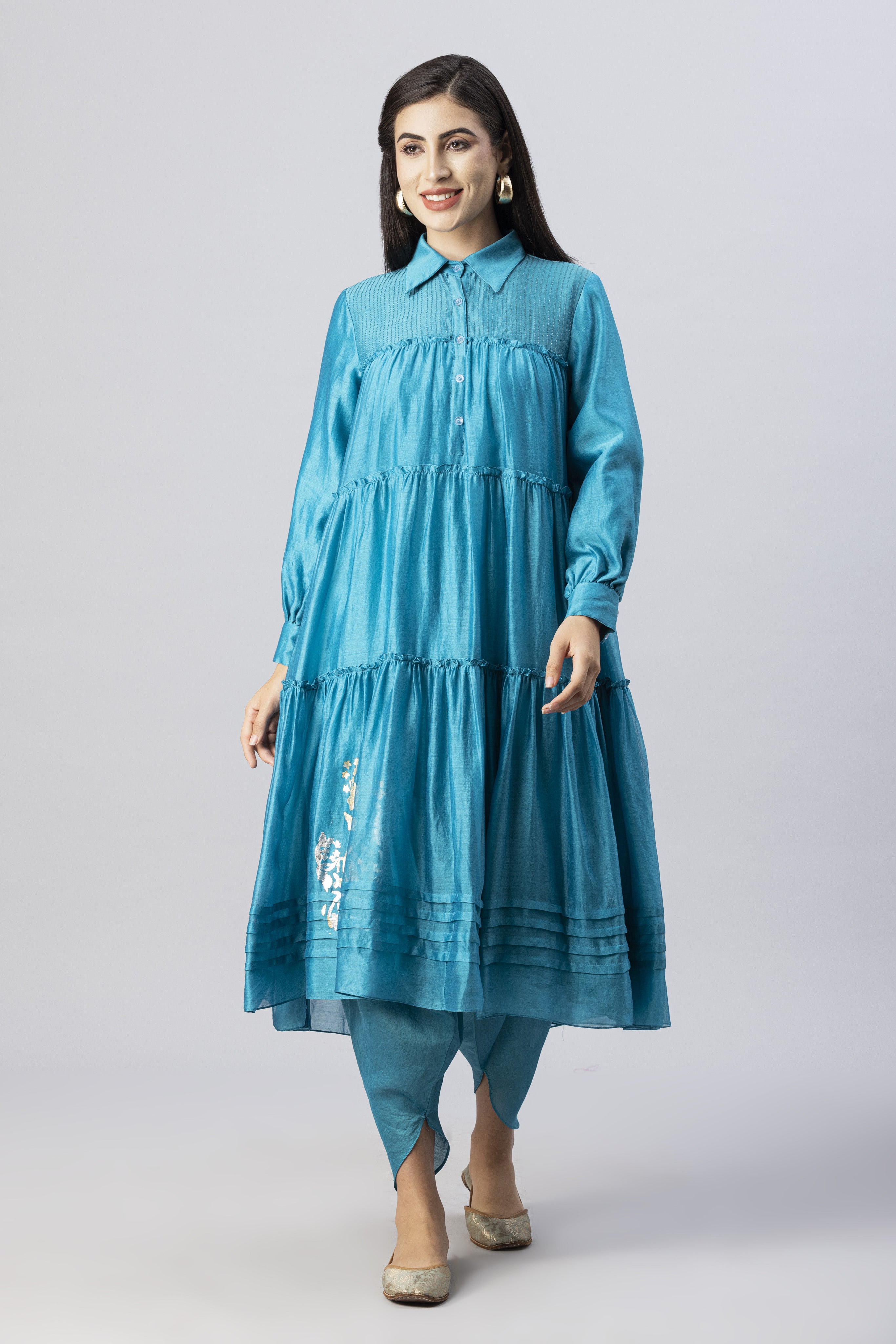 Turquoise Blue Tiered Kurta with Foil Print paired with Dhoti Pants