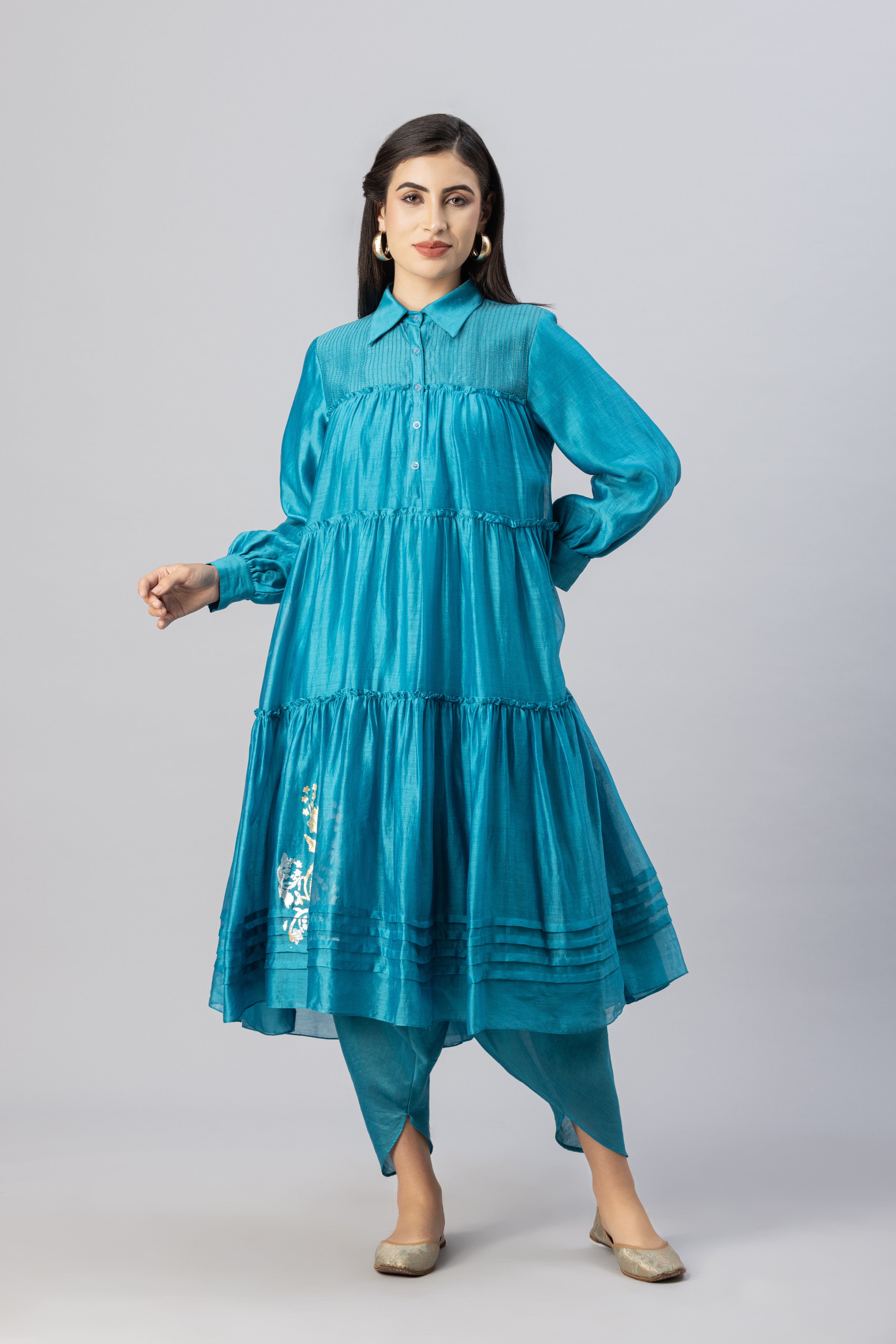 Turquoise Blue Tiered Kurta with Foil Print paired with Dhoti Pants