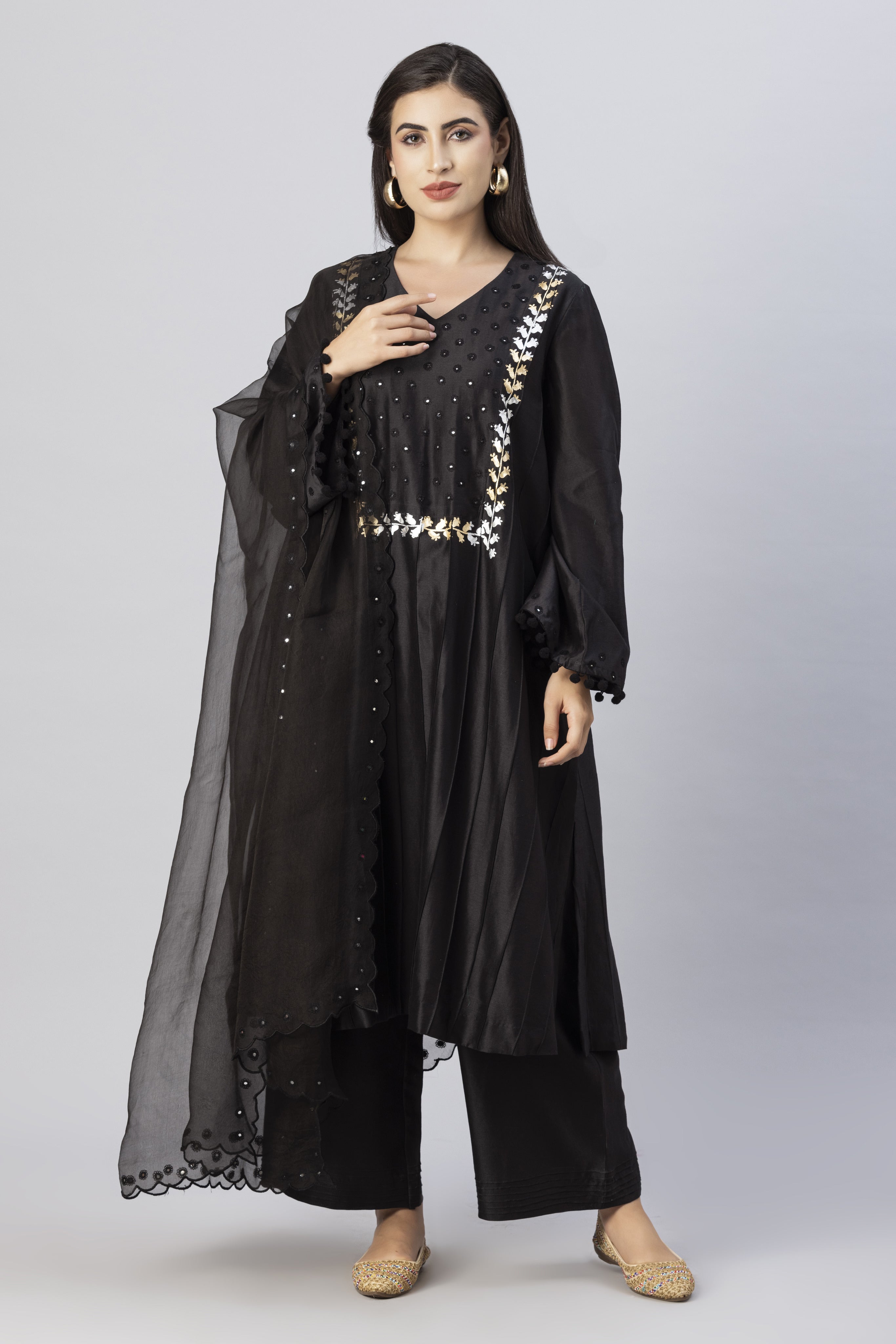 Black Straight Line Kurta with Palazzo Pants & Dupatta Set